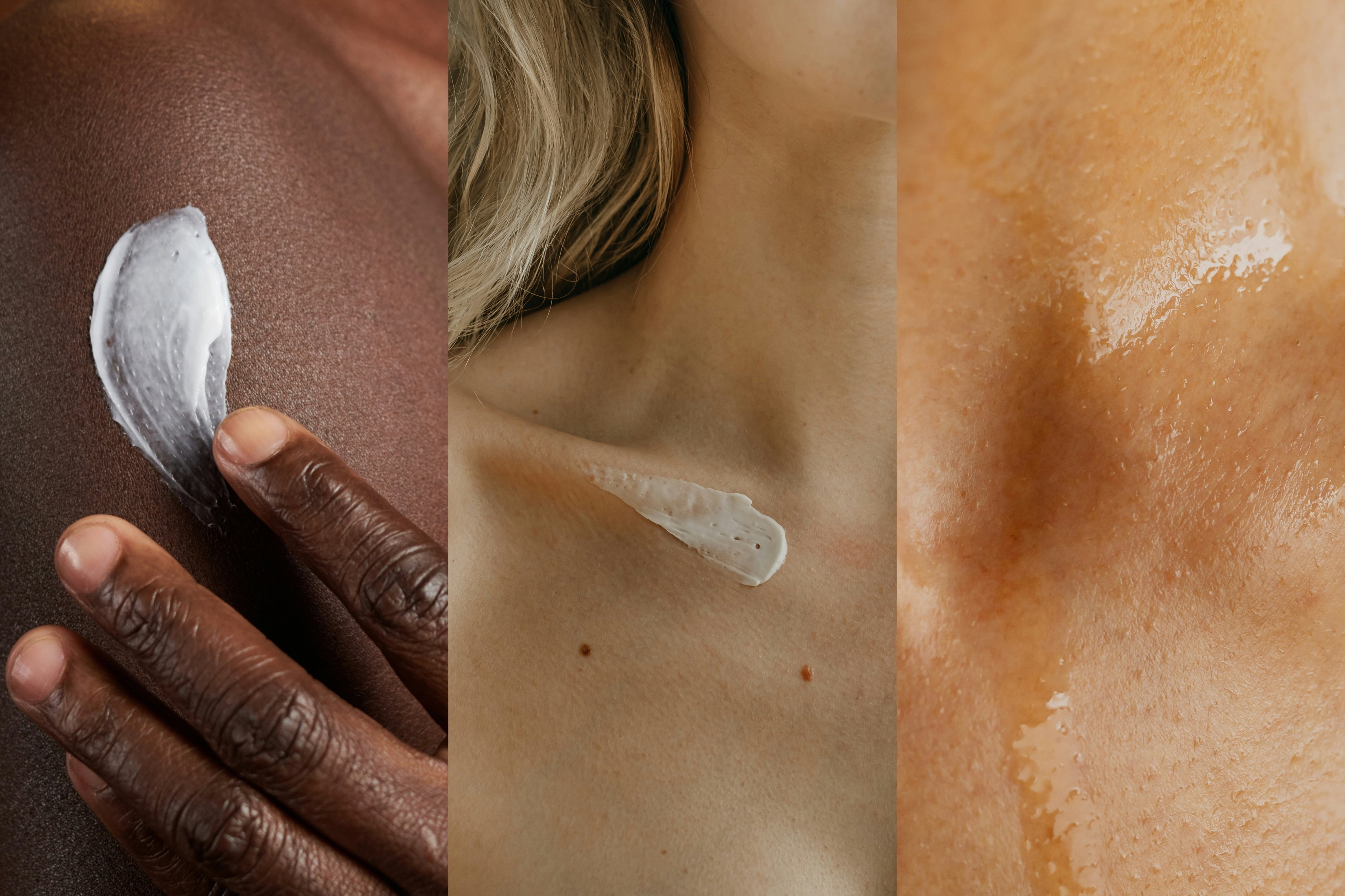 lotion, body butter and dry oil shown on different skin types