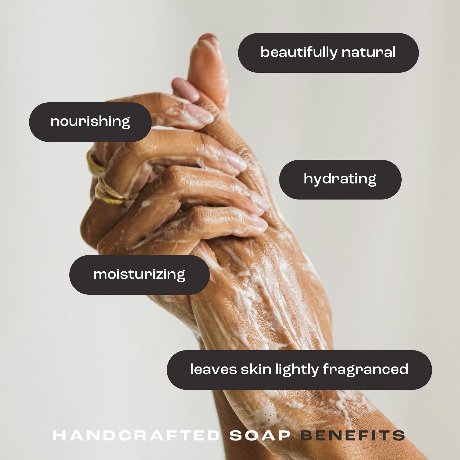 woman washing hands with listed benefits: beautifully natural, nourishing, hydrating, moisturizing and leaves skin lightly fragranced.