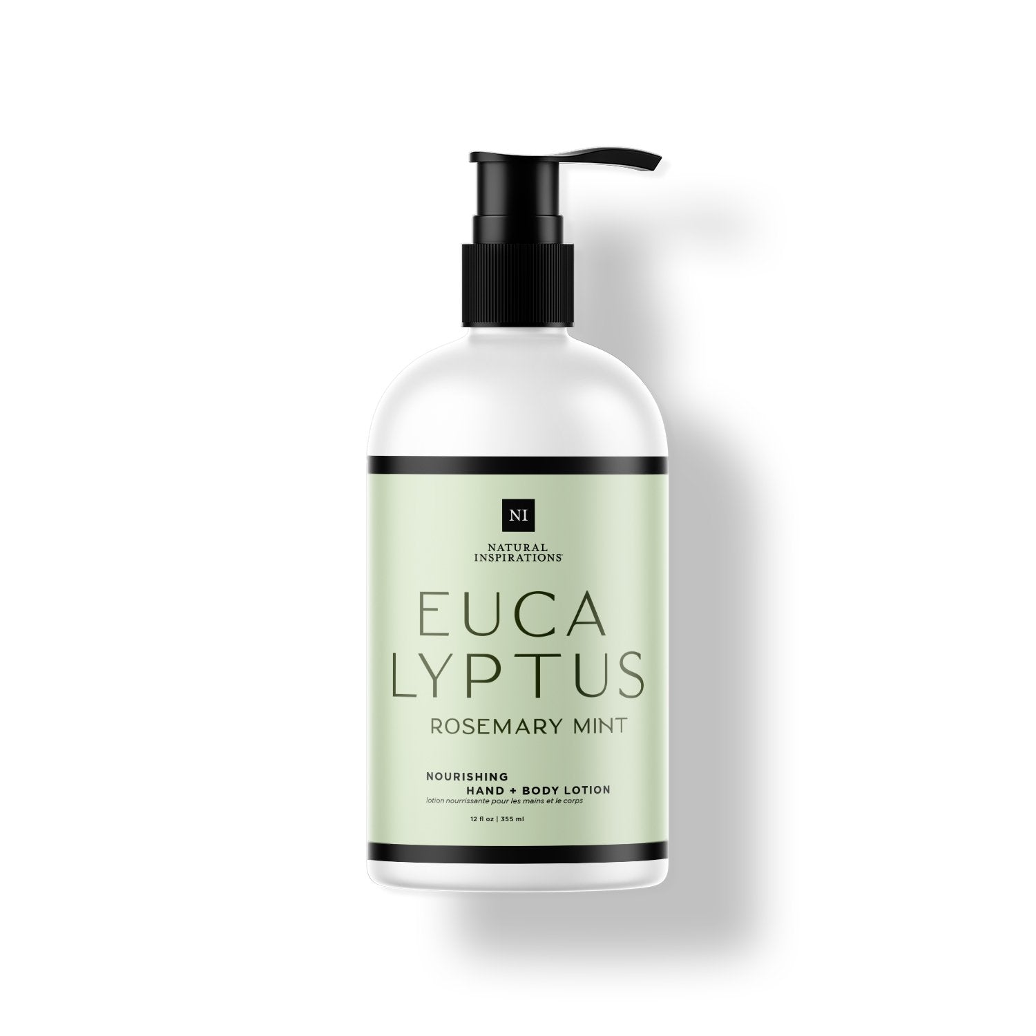 Natural Inspirations Eucalyptus Rosemary Mint Hand and Body Lotion bottle on a white background.