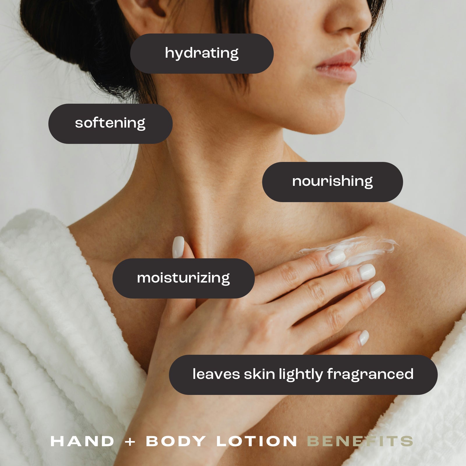 close up of a woman applying hand and body lotion to her neck and chest with the listed benefits: hydrating, softening, nourishing, moisturizing and leaves skin lightly fragranced.