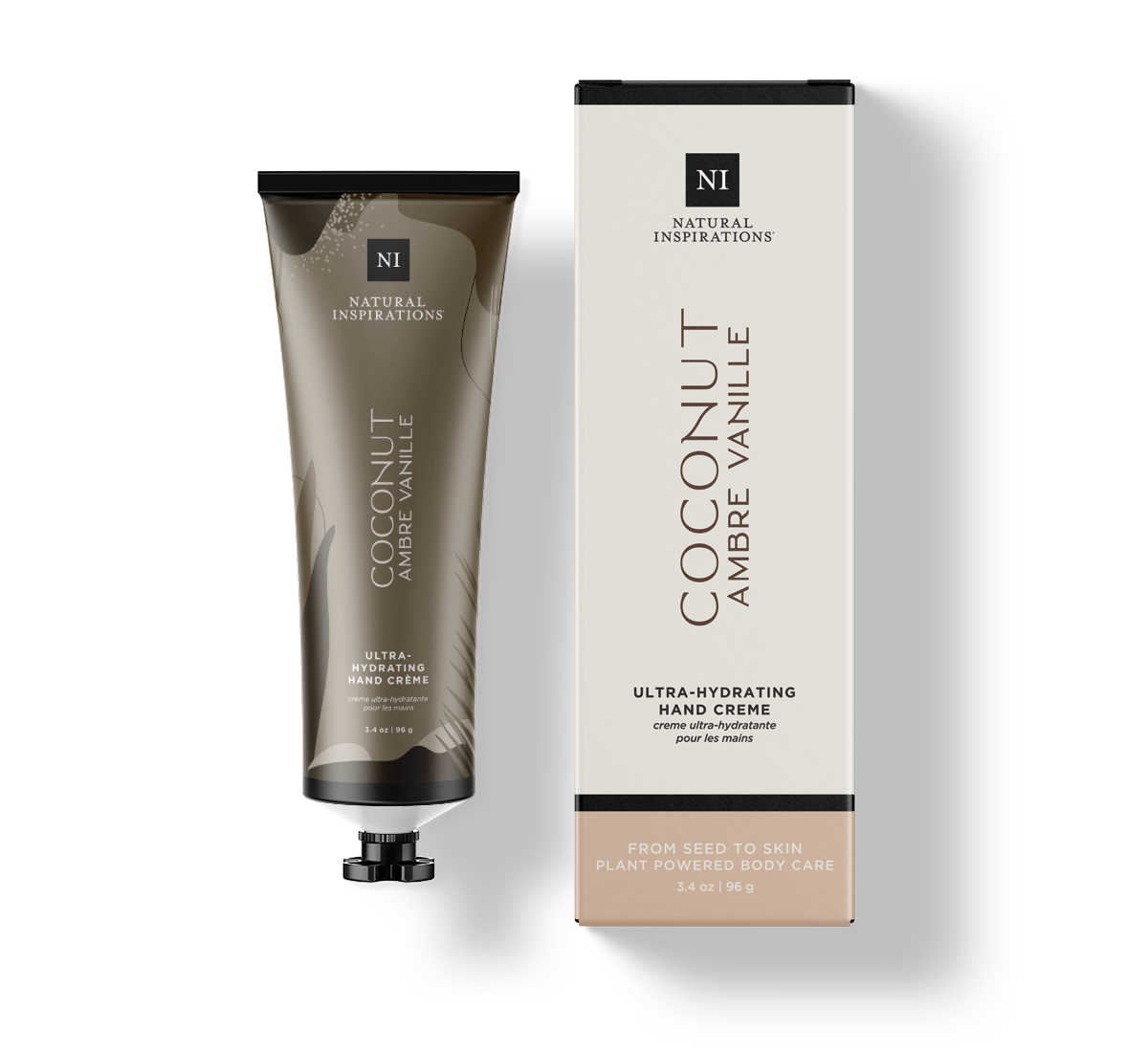 Natural Inspirations Coconut Ambre Vanille 3.4 oz boxed Hand Cream on a white background.