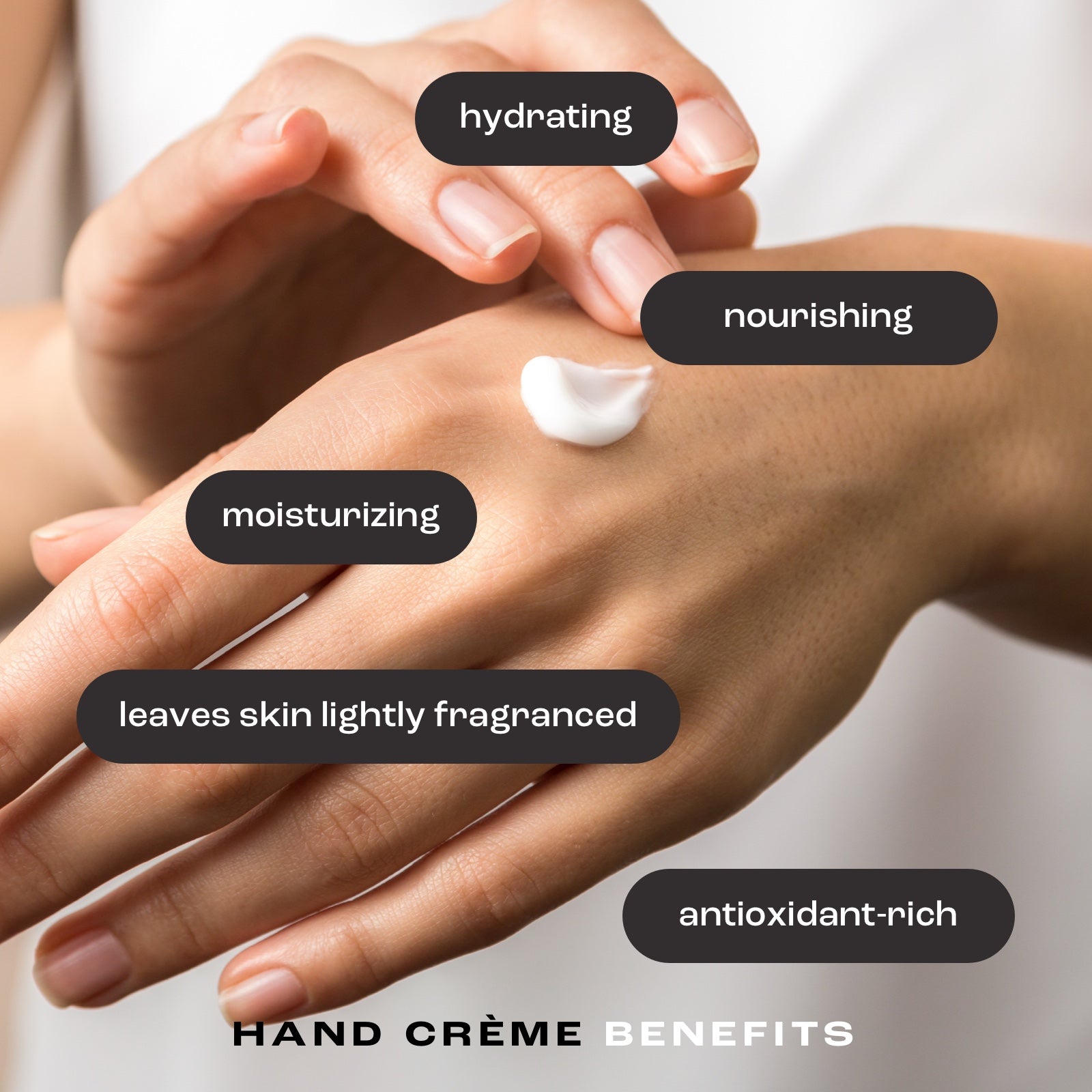 image of woman applying hand cream to her hands with the listed benefits: hydrates, smooths, nourishes, softens, and leaves skin lightly fragranced