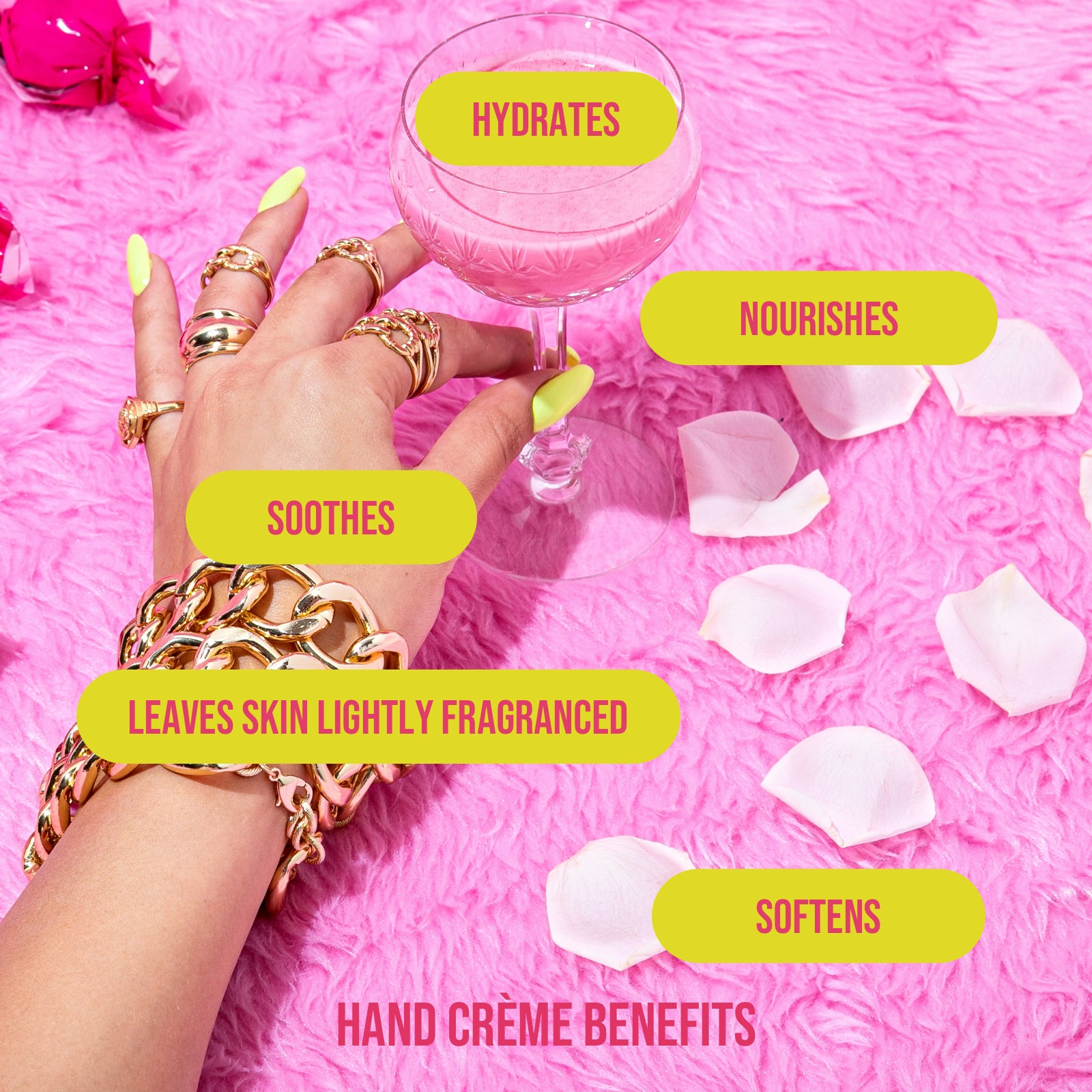 close up of a woman's hand with the listed benefits of natural inspirations hand cream: hydrates, nourishes, soothes, leaves skin lightly fragranced, and softens