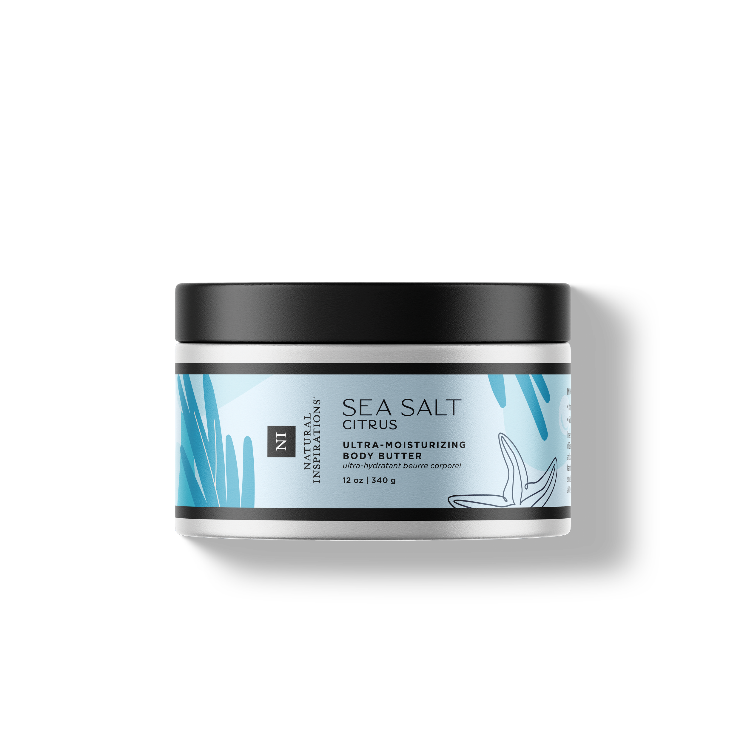Natural Inspirations Sea Salt Citrus Ultra-Moisturizing Body Butter tub on a white background.