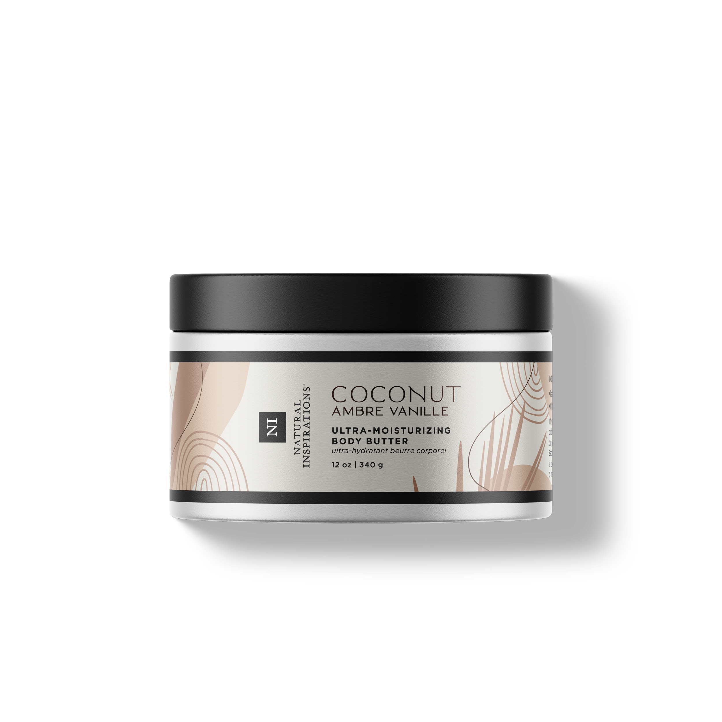 Natural Inspirations Coconut Ambre Vanille Ultra-Moisturizing Body Butter tub on a white background.