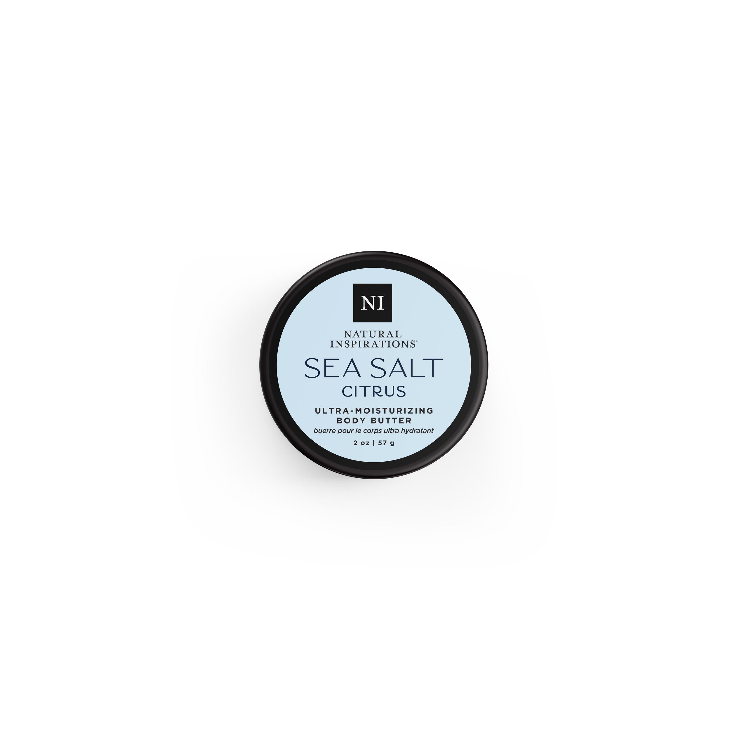 Natural Inspirations Sea Salt Citrus Ultra-Moisturizing Mini Body Butter tub on a white background.