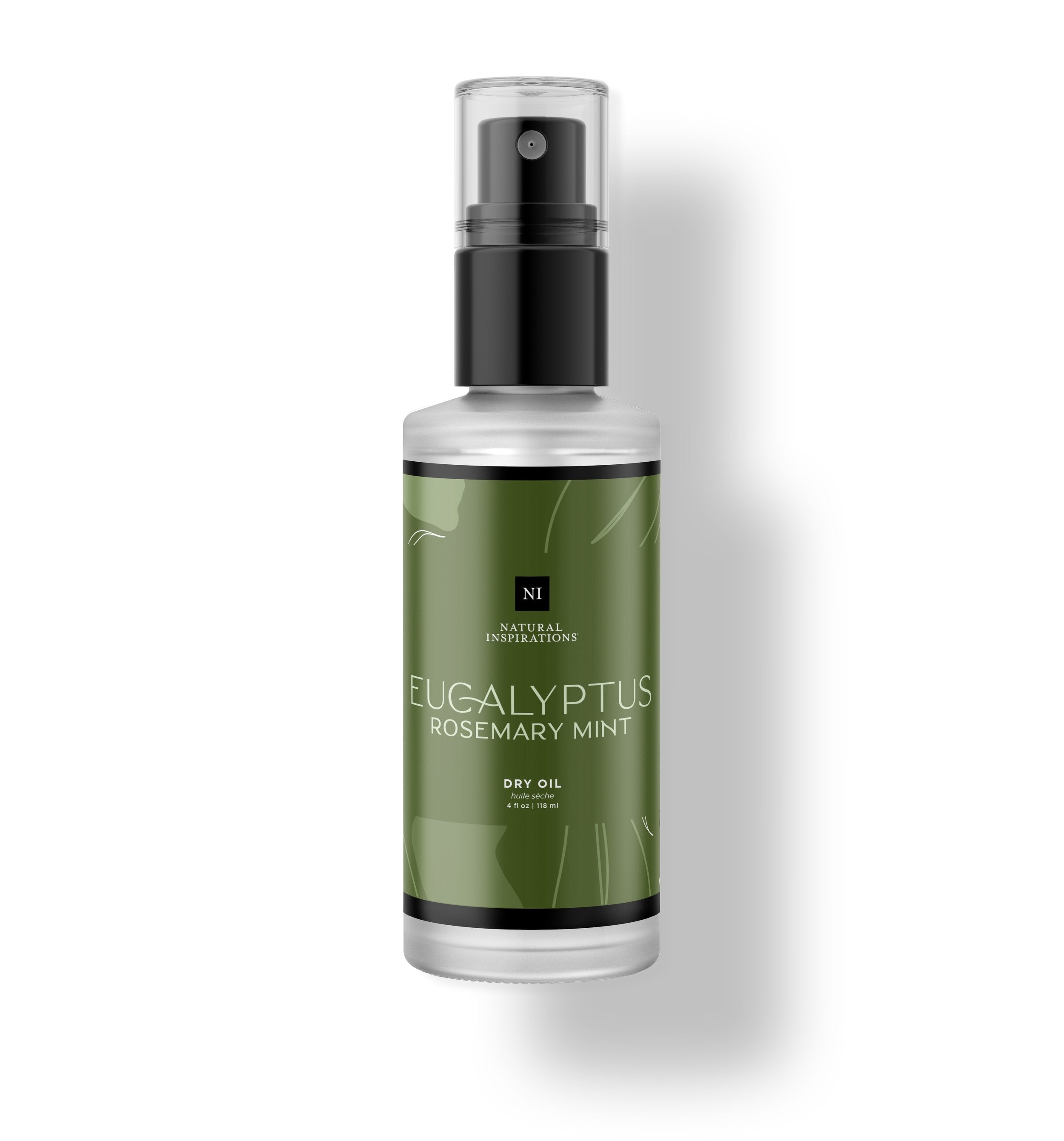 Natural Inspirations Eucalyptus Rosemary Mint Body and Face Dry Oil frosted glass bottle on a white background.