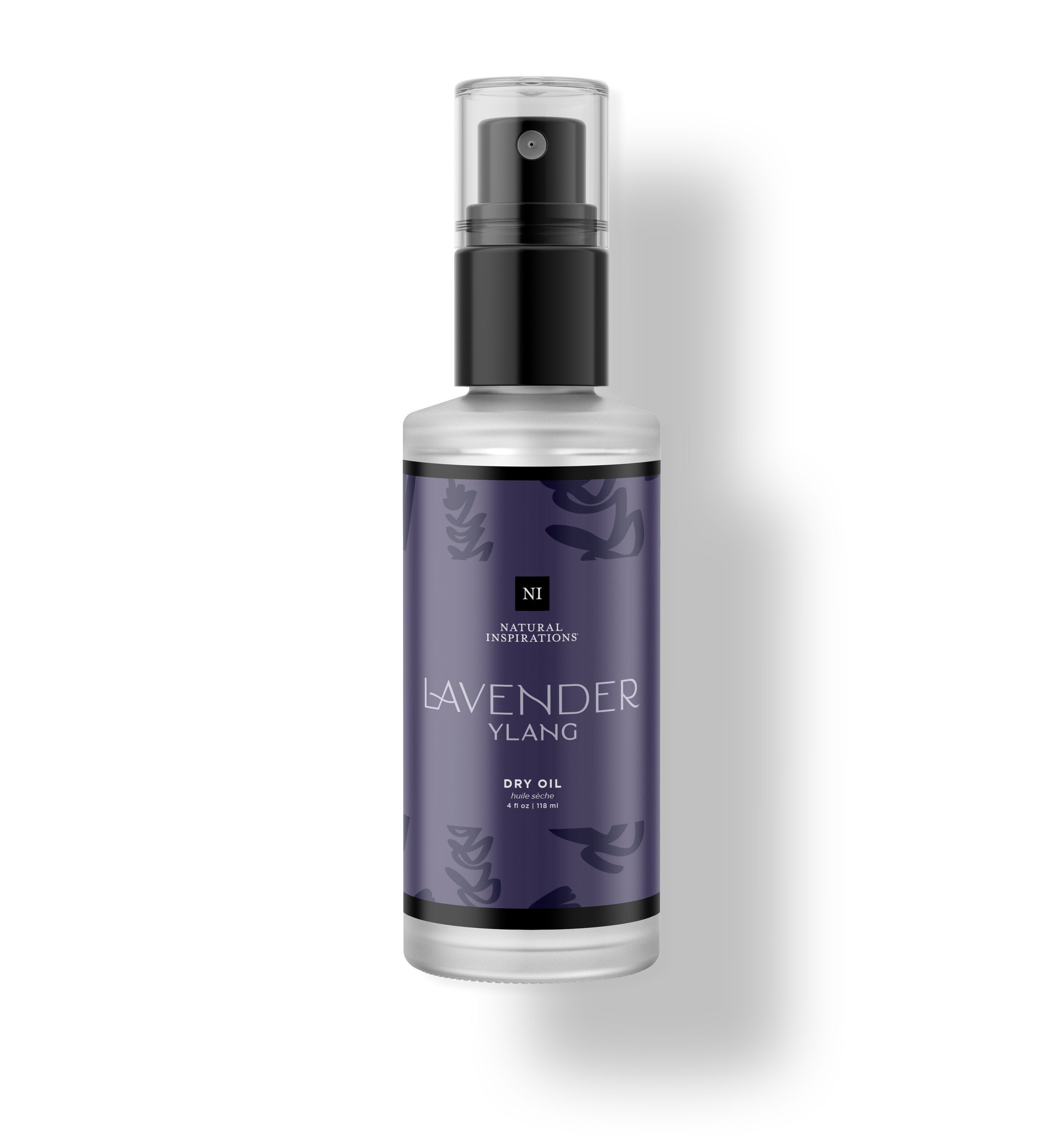 Natural Inspirations Lavender Ylang Body and Face Dry Oil frosted glass bottle on a white background.