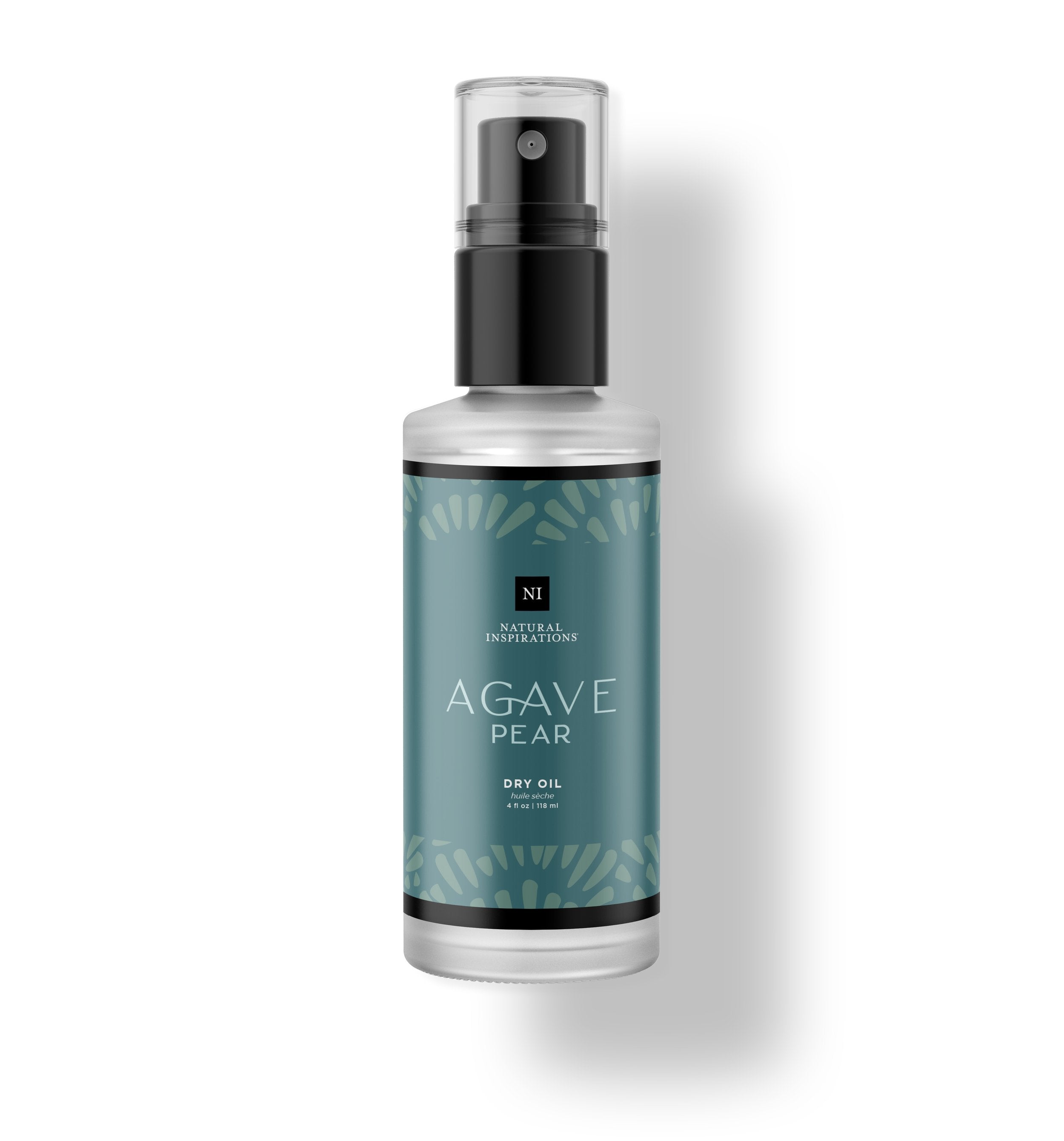 Natural Inspirations Agave Pear Body and Face Dry Oil frosted glass bottle on a white background.