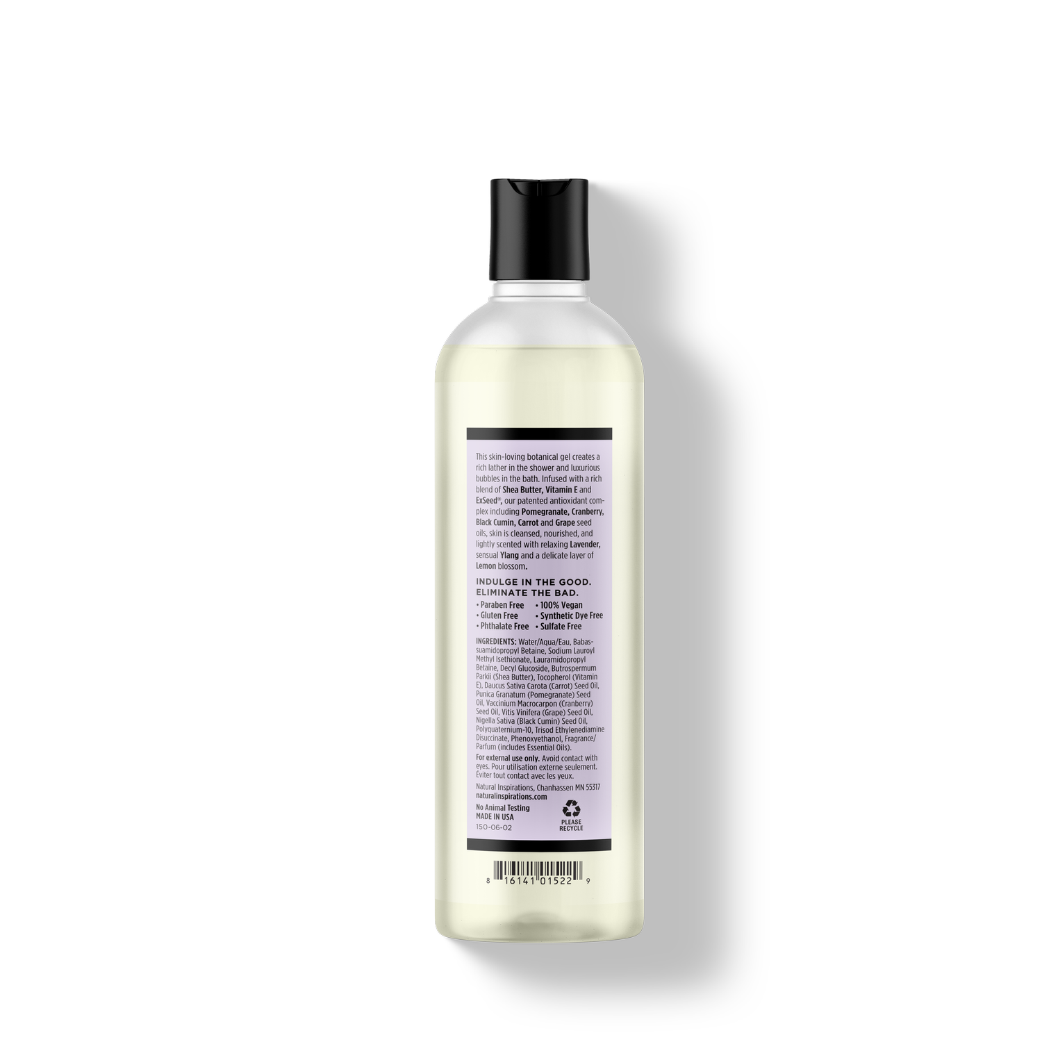 back of lavender ylang bath and shower gel