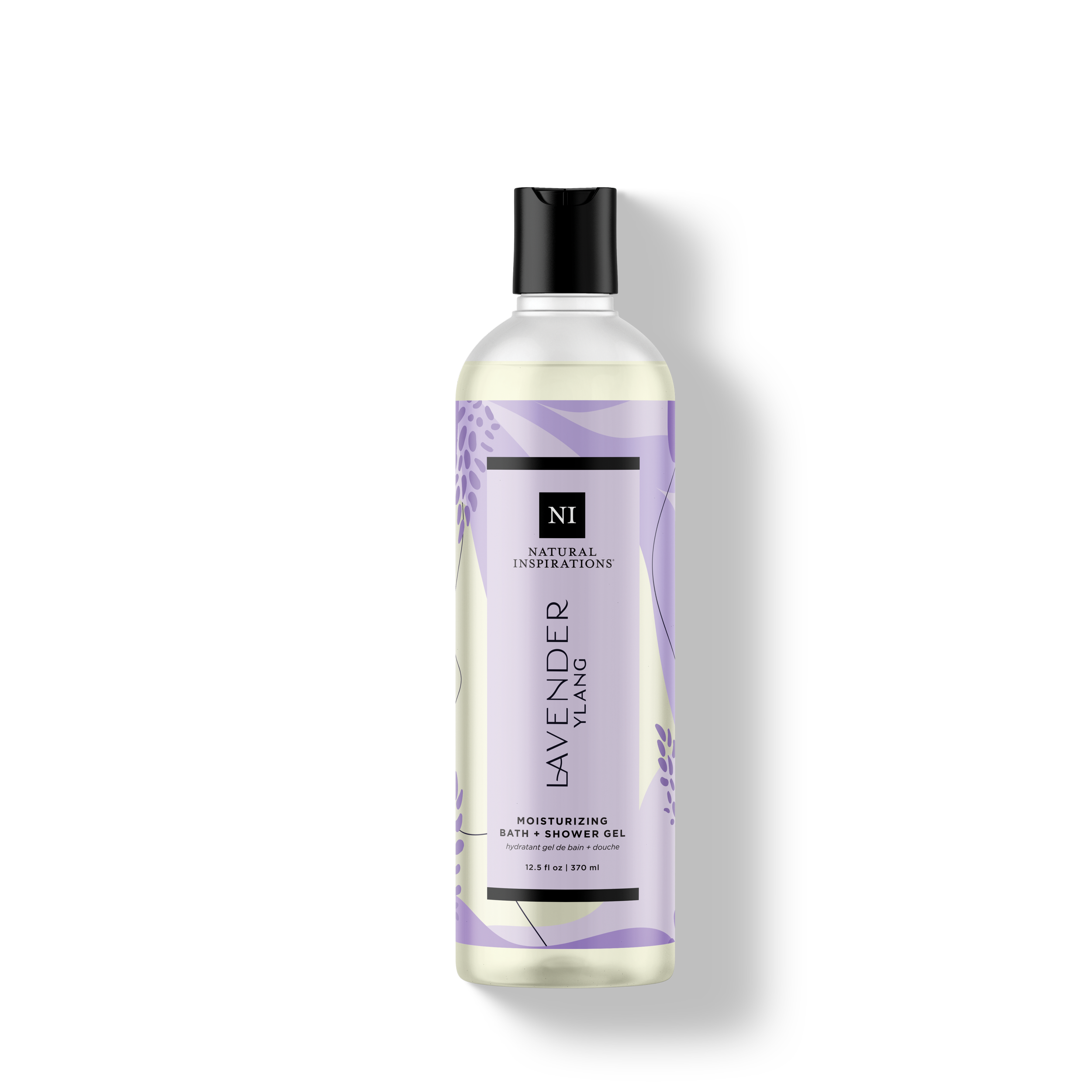 Natural Inspirations Lavender Ylang Bath and Shower Gel bottle on a white background.