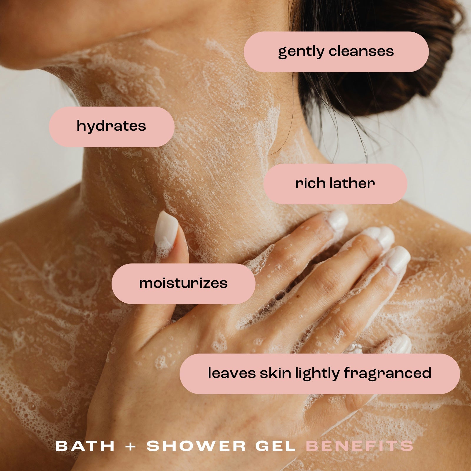 close up of a woman using bath and shower gel to wash her neck and chest with the benefits listed: gently cleanses, hydrates, rich lather, moisturizes and leaves skin lightly fragranced.