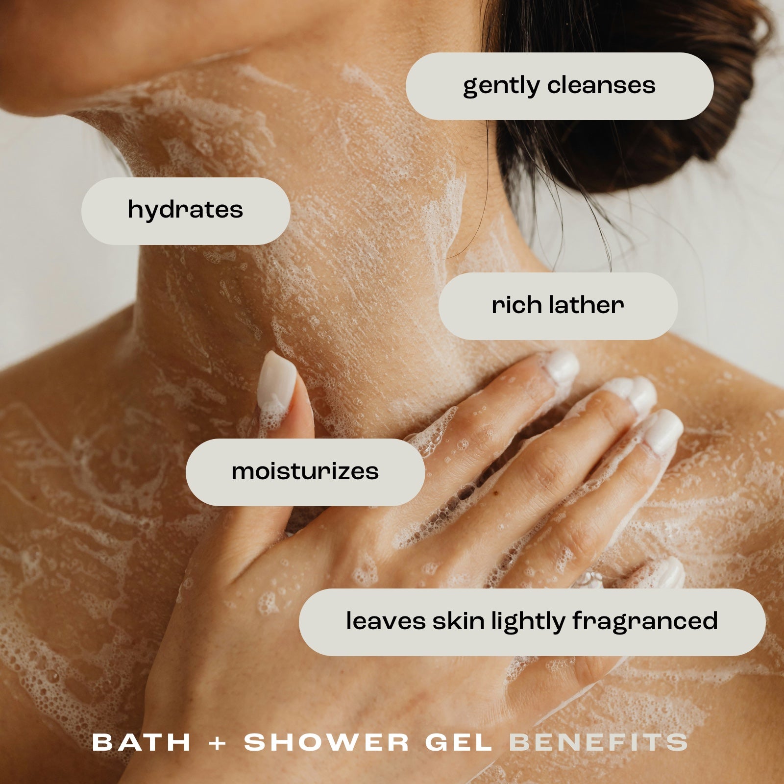 woman washing her neck and chest with bath and shower gel with the benefits listed: gently cleanses, hydrates, rich lather, moisturizes, leaves skin lightly fragranced.