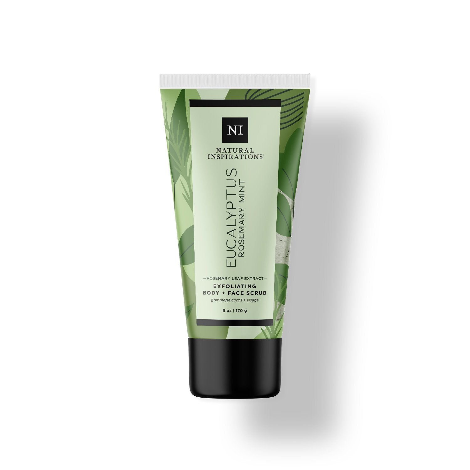 Natural Inspirations Eucalyptus Rosemary Mint Face and Body Scrub tube on a white background.
