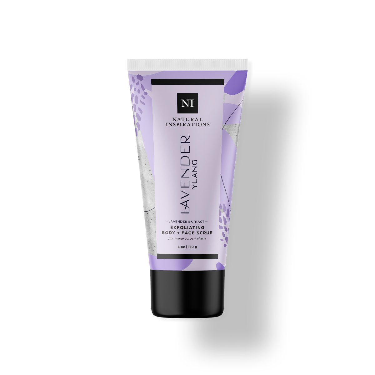 Natural Inspirations Lavender Ylang Face and Body Scrub tube on a white background.