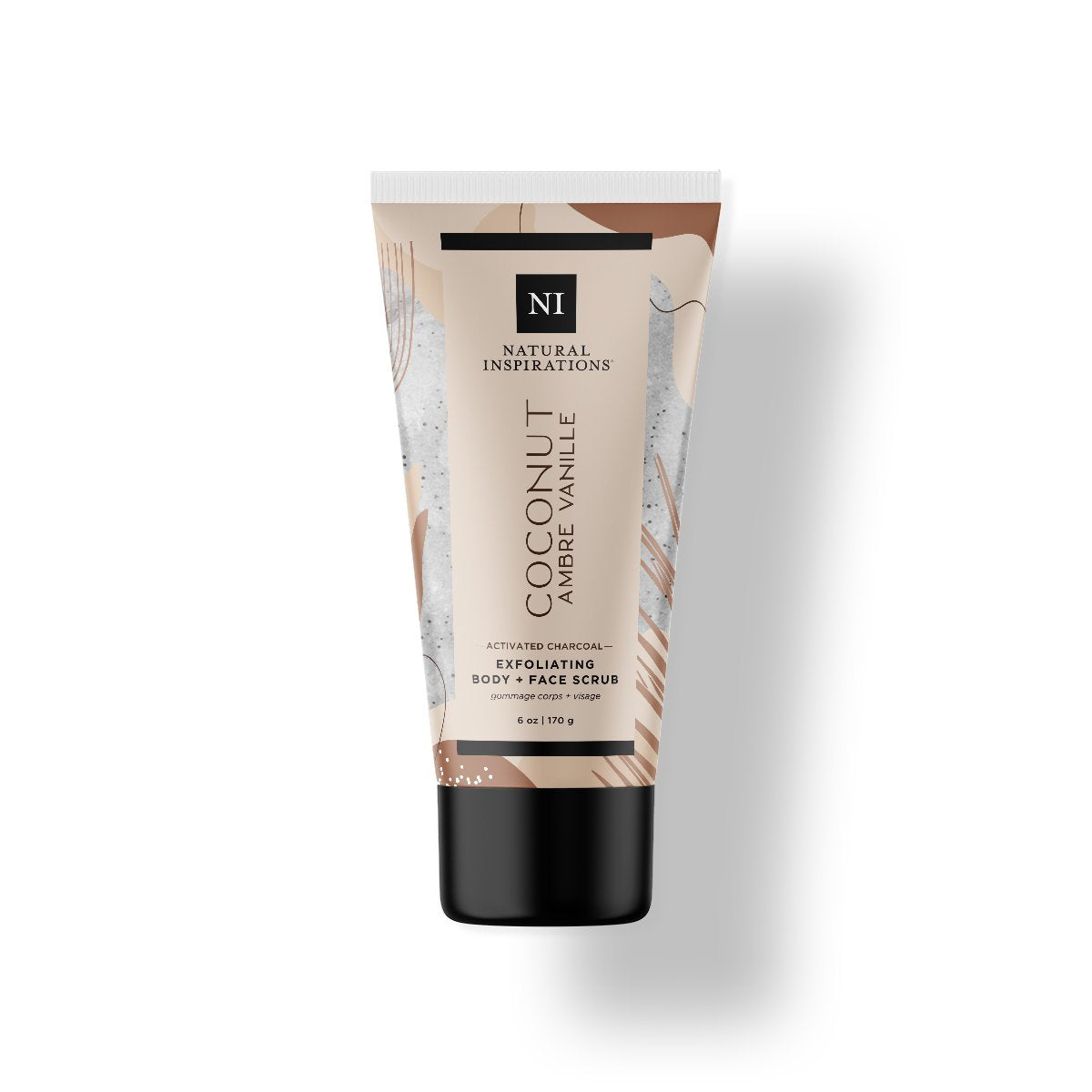 Natural Inspirations Coconut Ambre Vanille Face and Body Scrub tube on a white background.