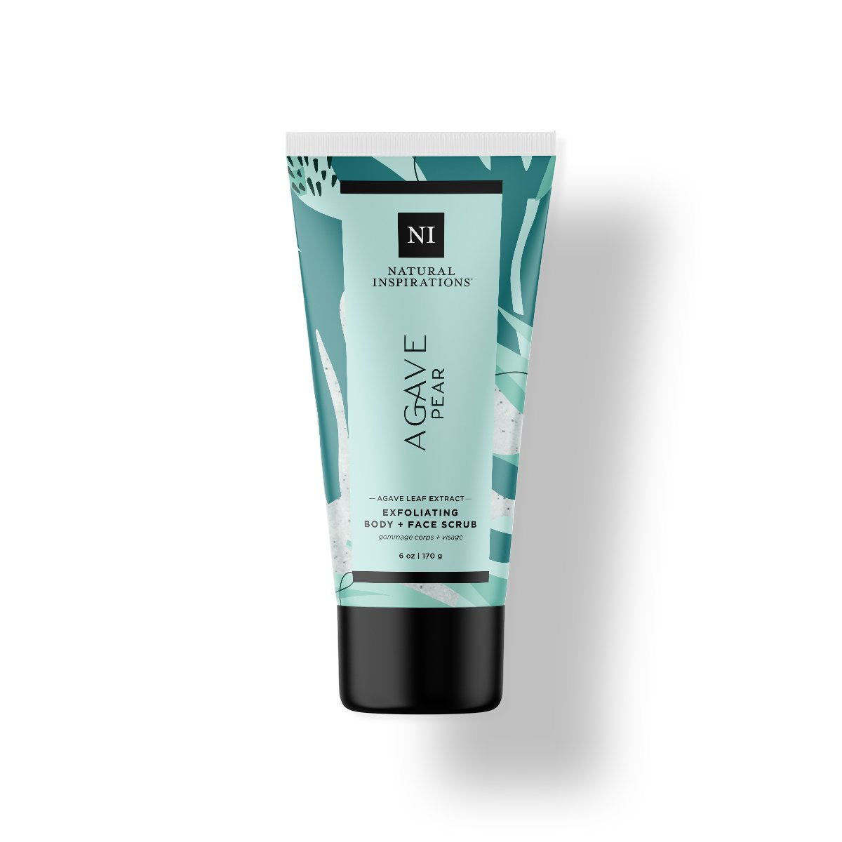 Natural Inspirations Agave Pear Face and Body Scrub tube on a white background.