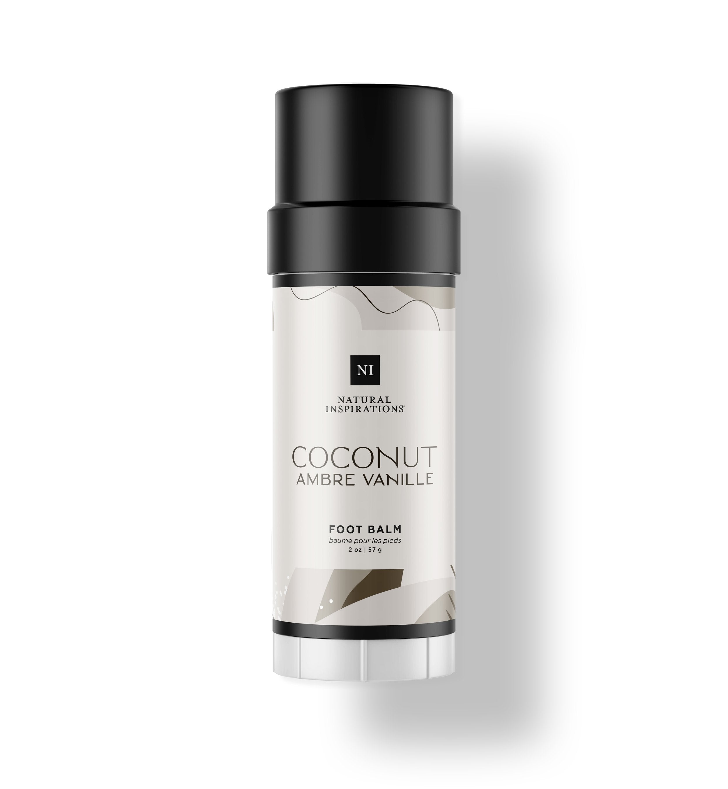 Natural Inspirations Coconut Ambre Vanille Foot Balm tube on a white background.
