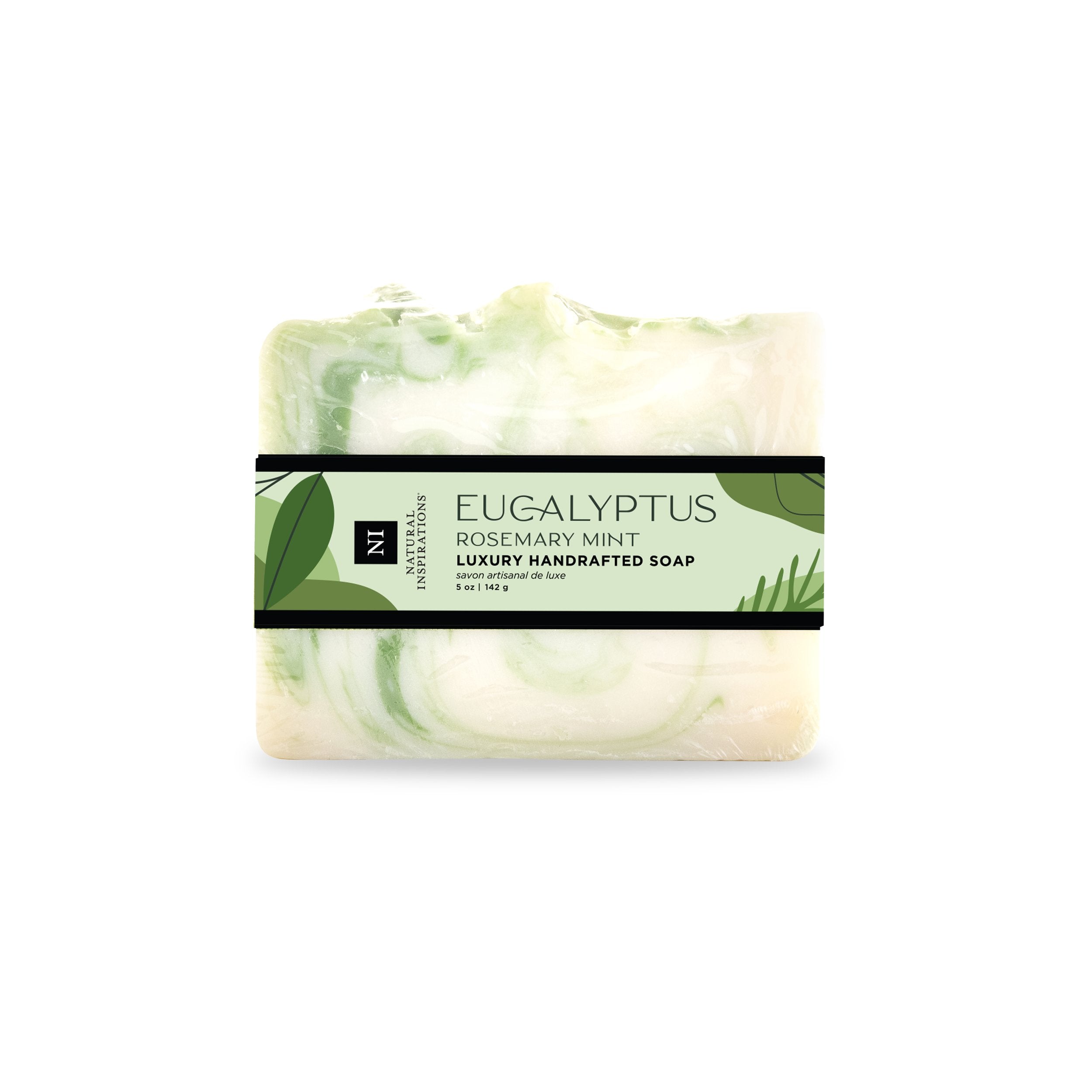 Natural Inspirations Eucalyptus Rosemary Mint Handcrafted Soap bar on a white background.