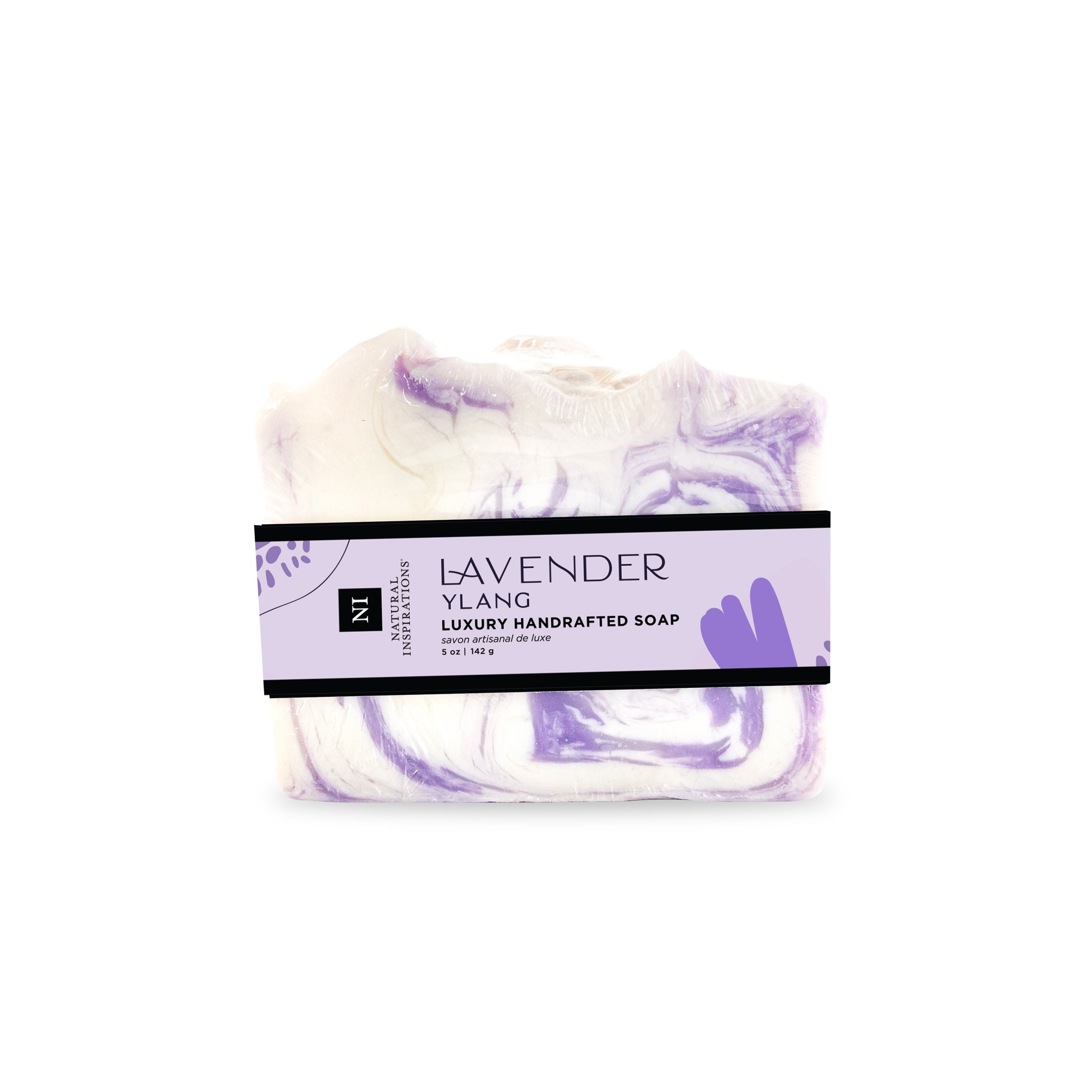 Natural Inspirations Lavender Ylang Handcrafted Soap bar on a white background.
