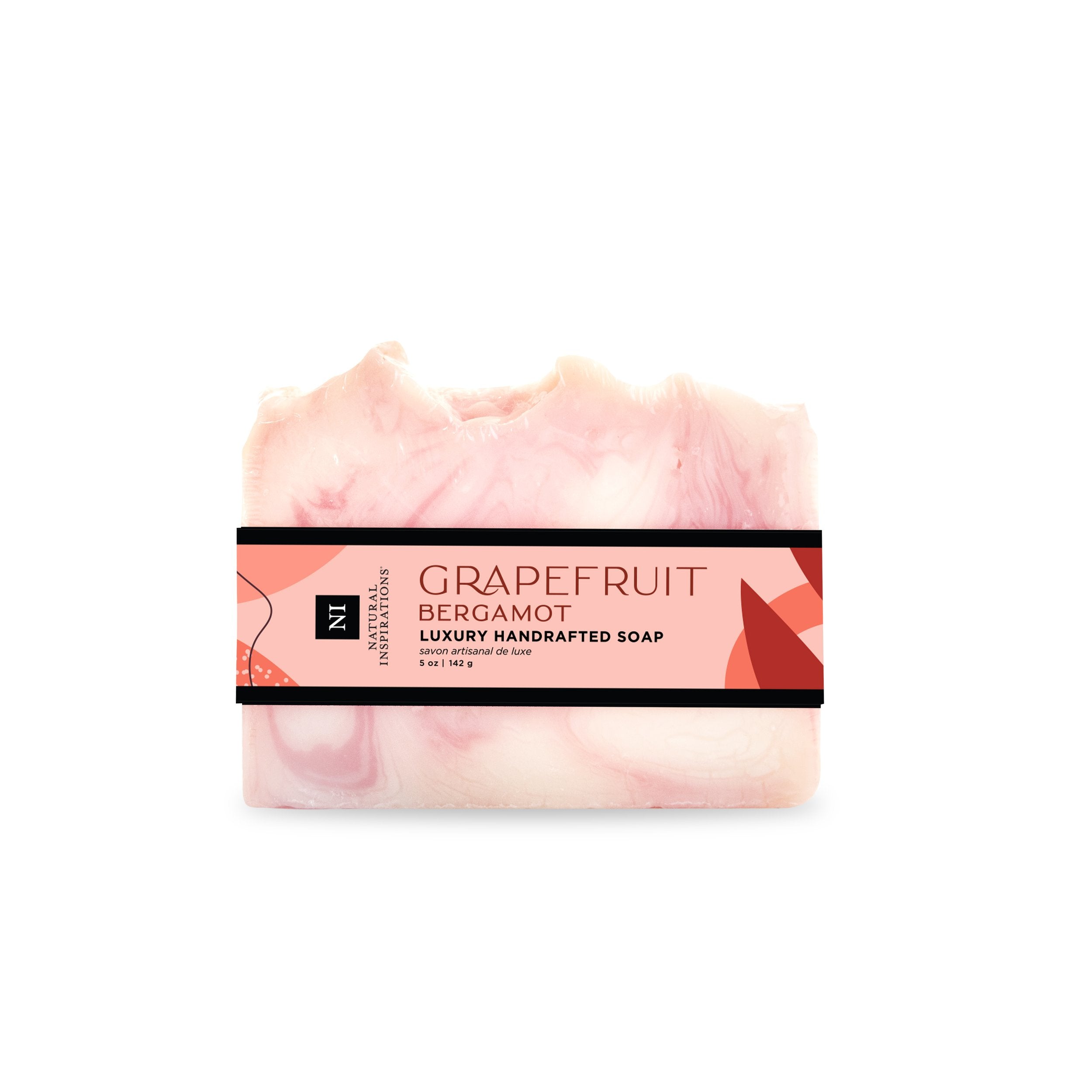 Natural Inspirations Grapefruit Bergamot Handcrafted Soap bar on a white background.