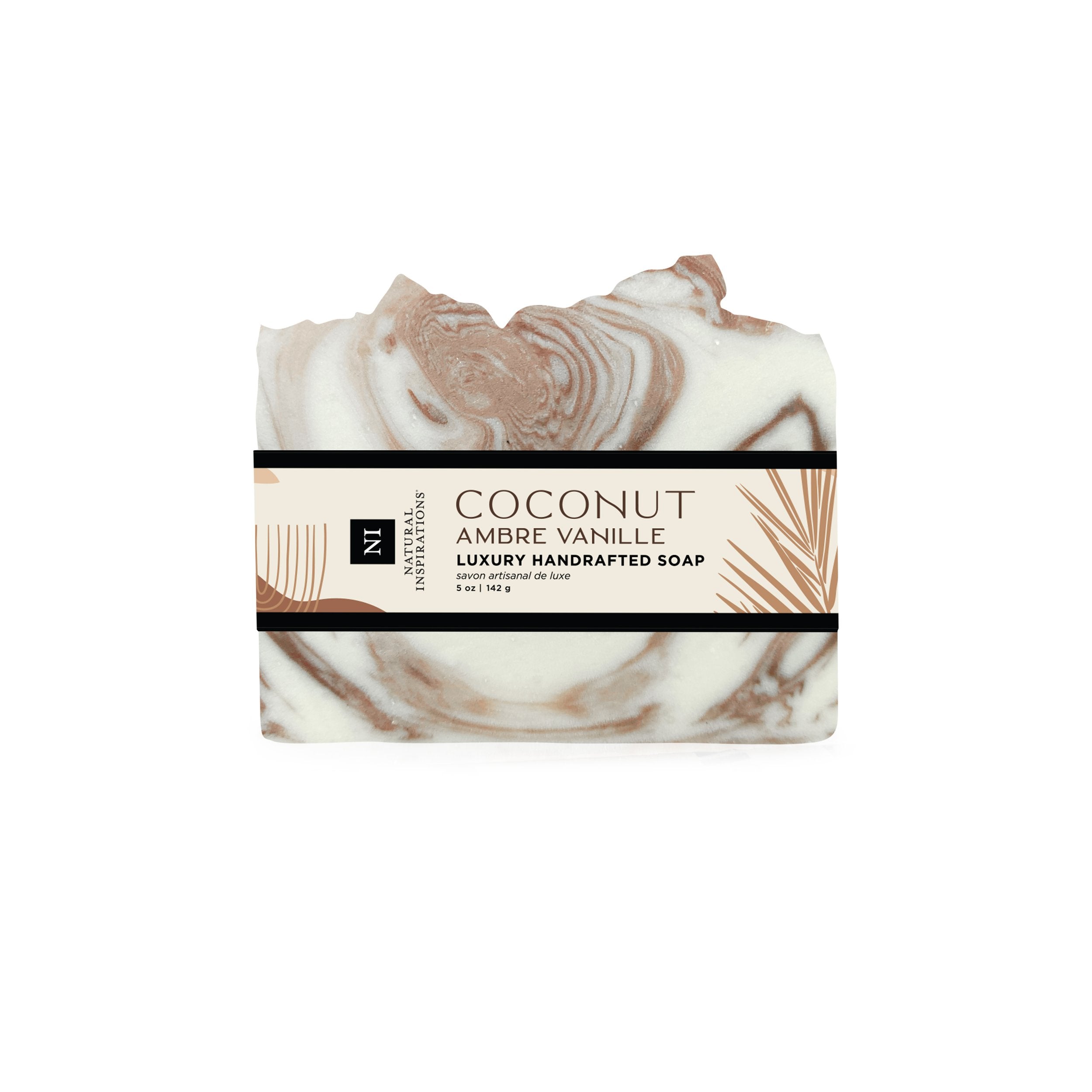 Natural Inspirations Coconut Ambre Vanille Handcrafted Soap bar on a white background.