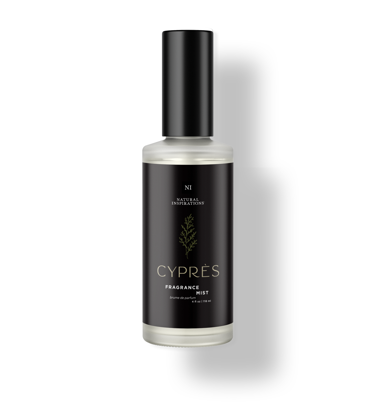 Natural Inspirations Cypres Fragrance Mist frosted glass bottle on a white background.