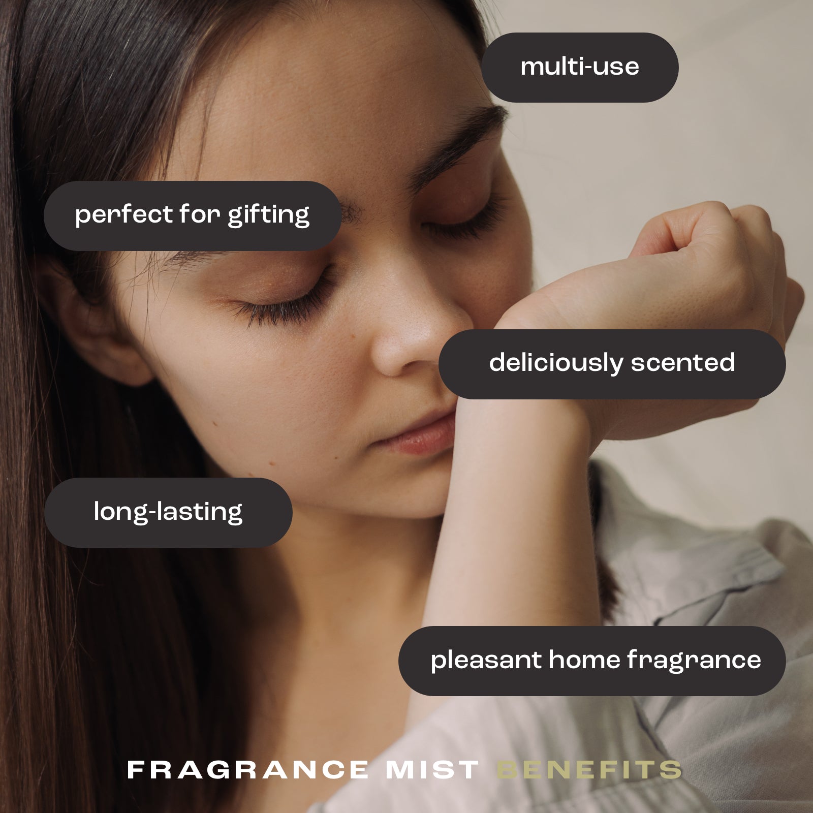 woman smelling her wrist with the listed fragrance mist benefits: perfect for gifting, energizing, multi-use, deliciously scented long-lasting and pleasant home fragrance