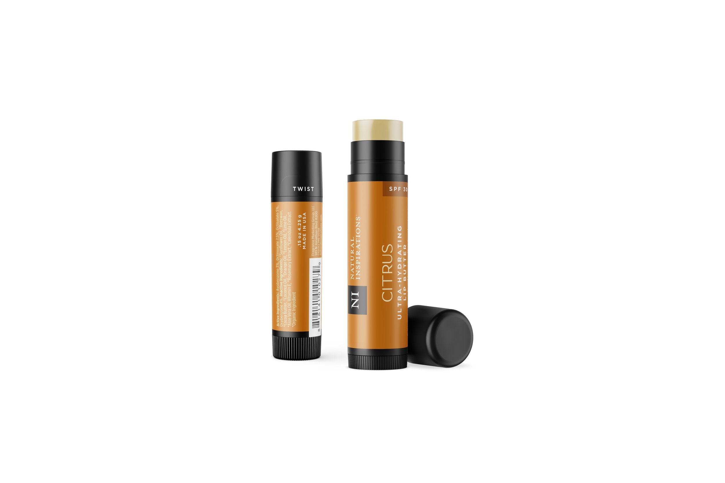 Natural Inspirations Citrus SPF 30 Lip Butter tube on a white background.