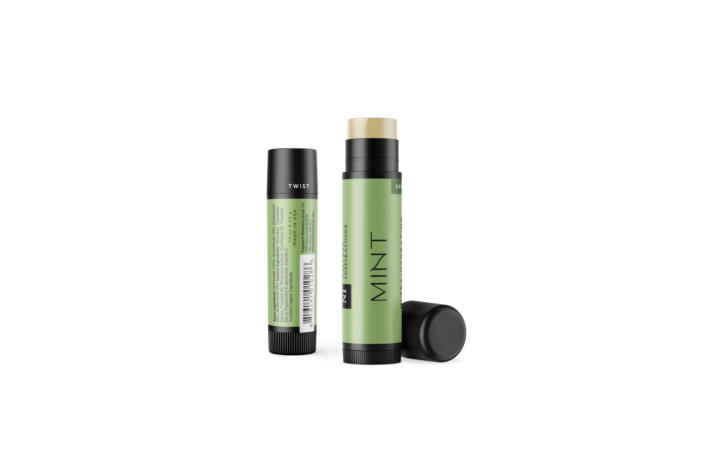 Natural Inspirations Mint SPF 30 Lip Butter tube on a white background.