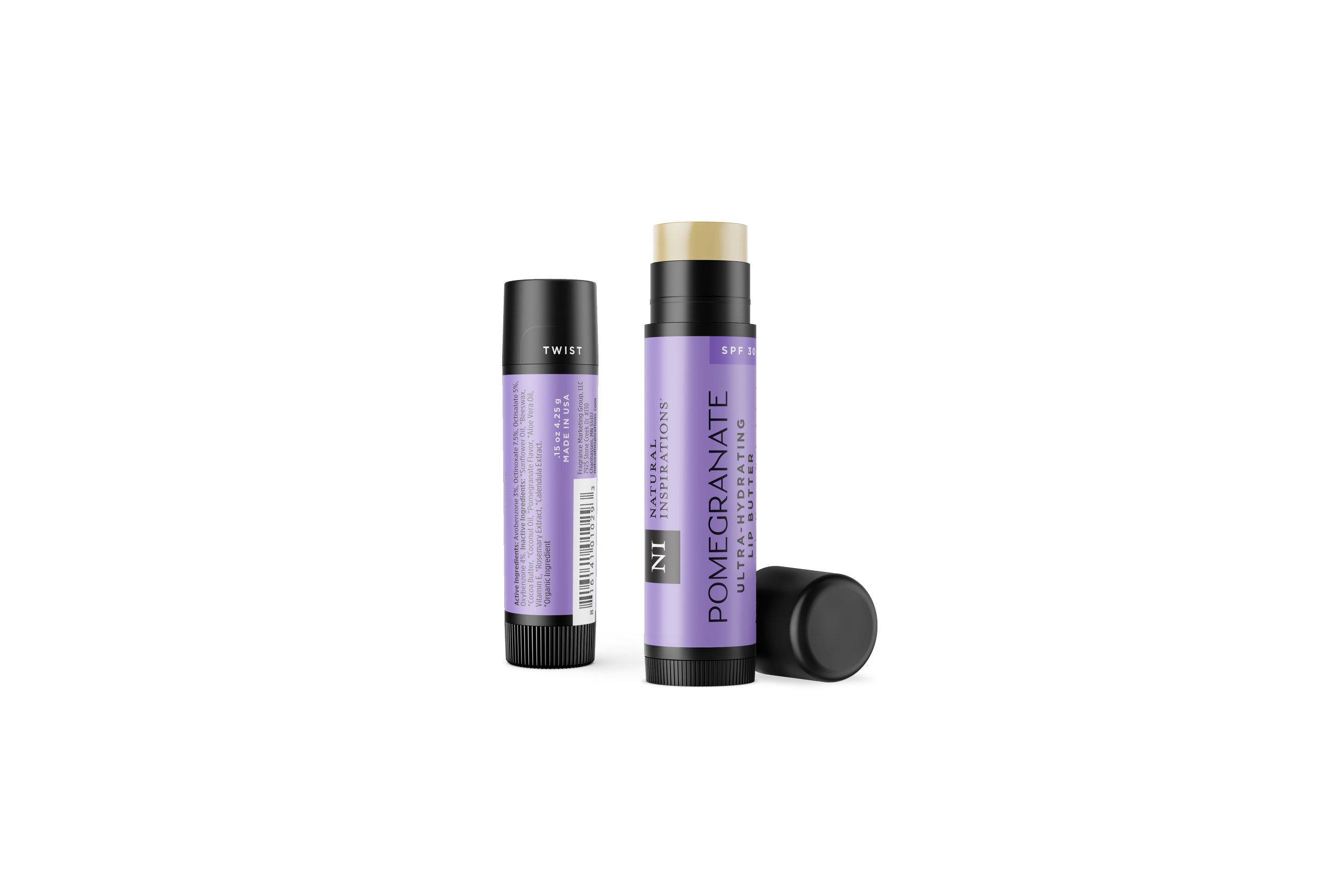 Natural Inspirations Pomegranate SPF 30 Lip Butter tube on a white background.