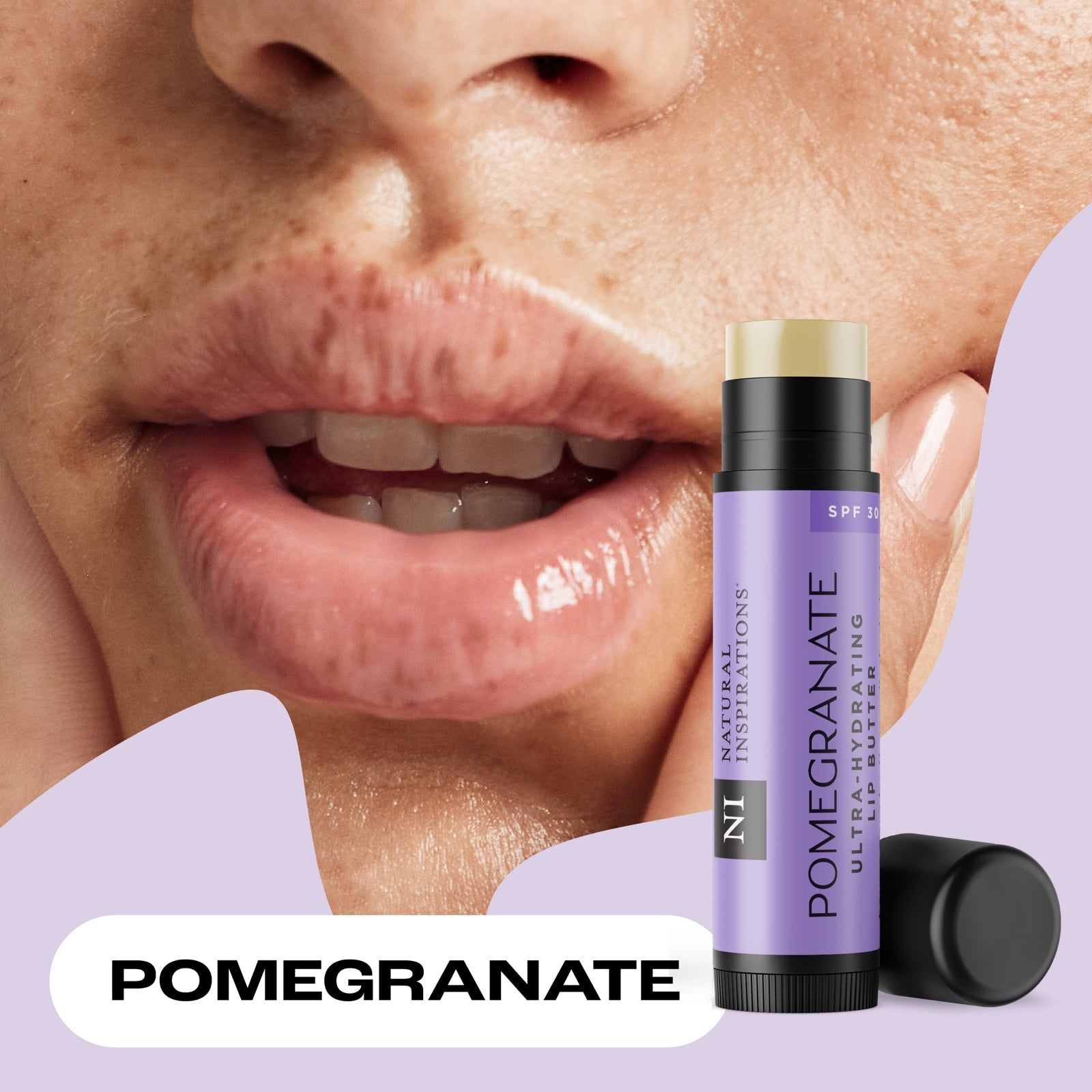 close up of a woman's hydrated lips with pomegranate lip butter