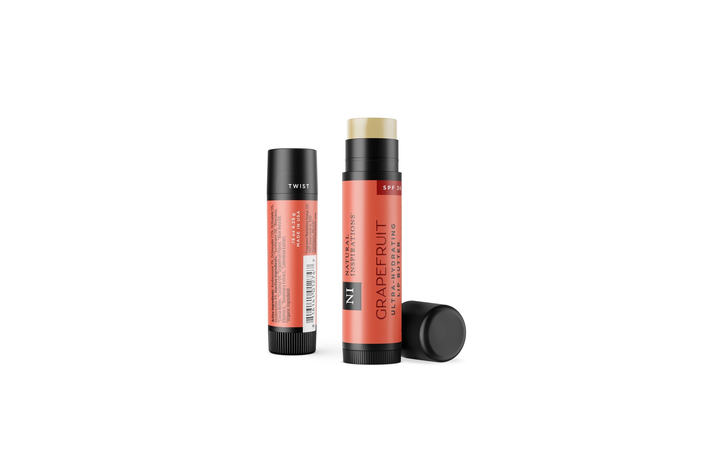 Natural Inspirations Grapefruit SPF 30 Lip Butter tube on a white background.