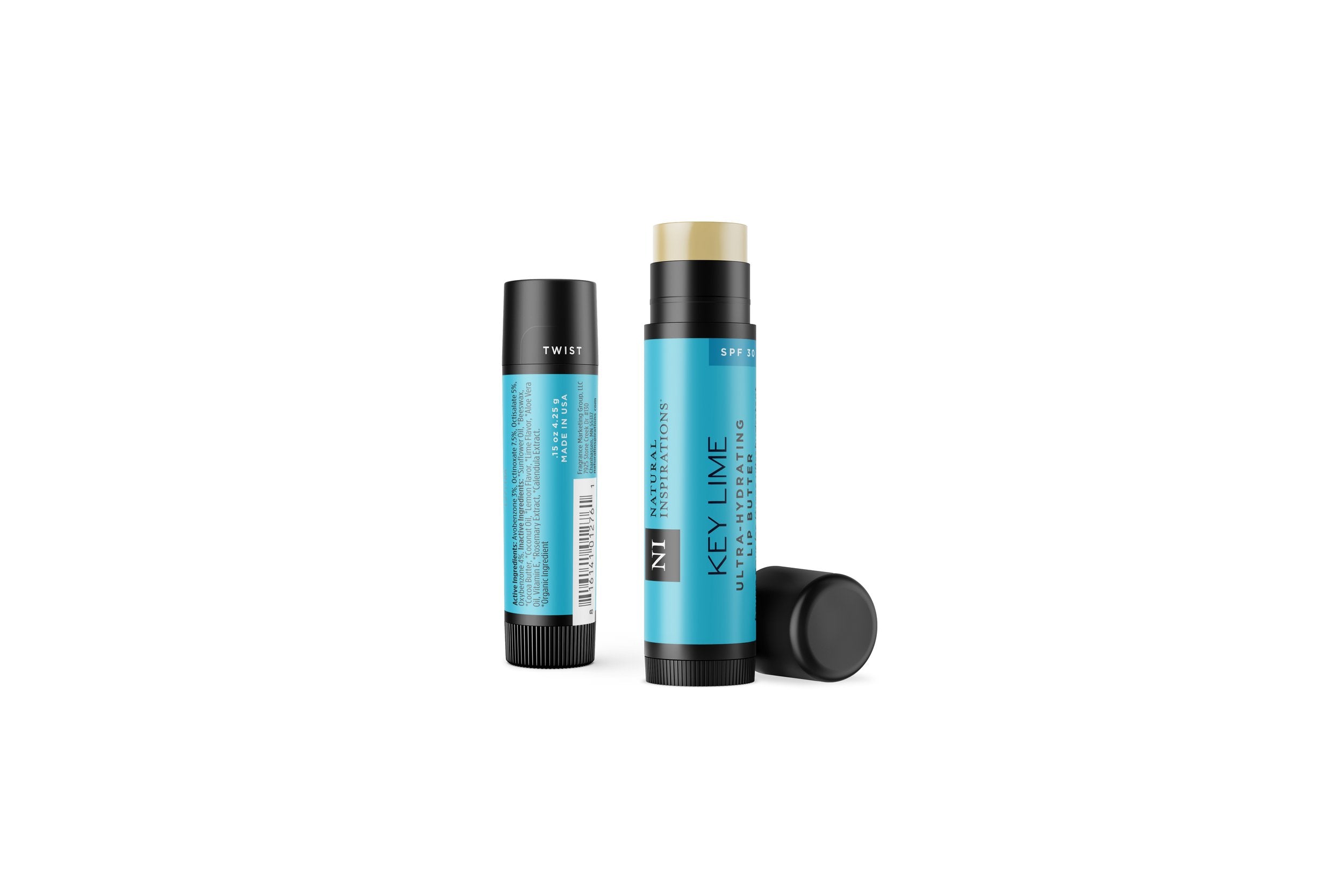 Natural Inspirations Key Lime SPF 30 Lip Butter tube on a white background.