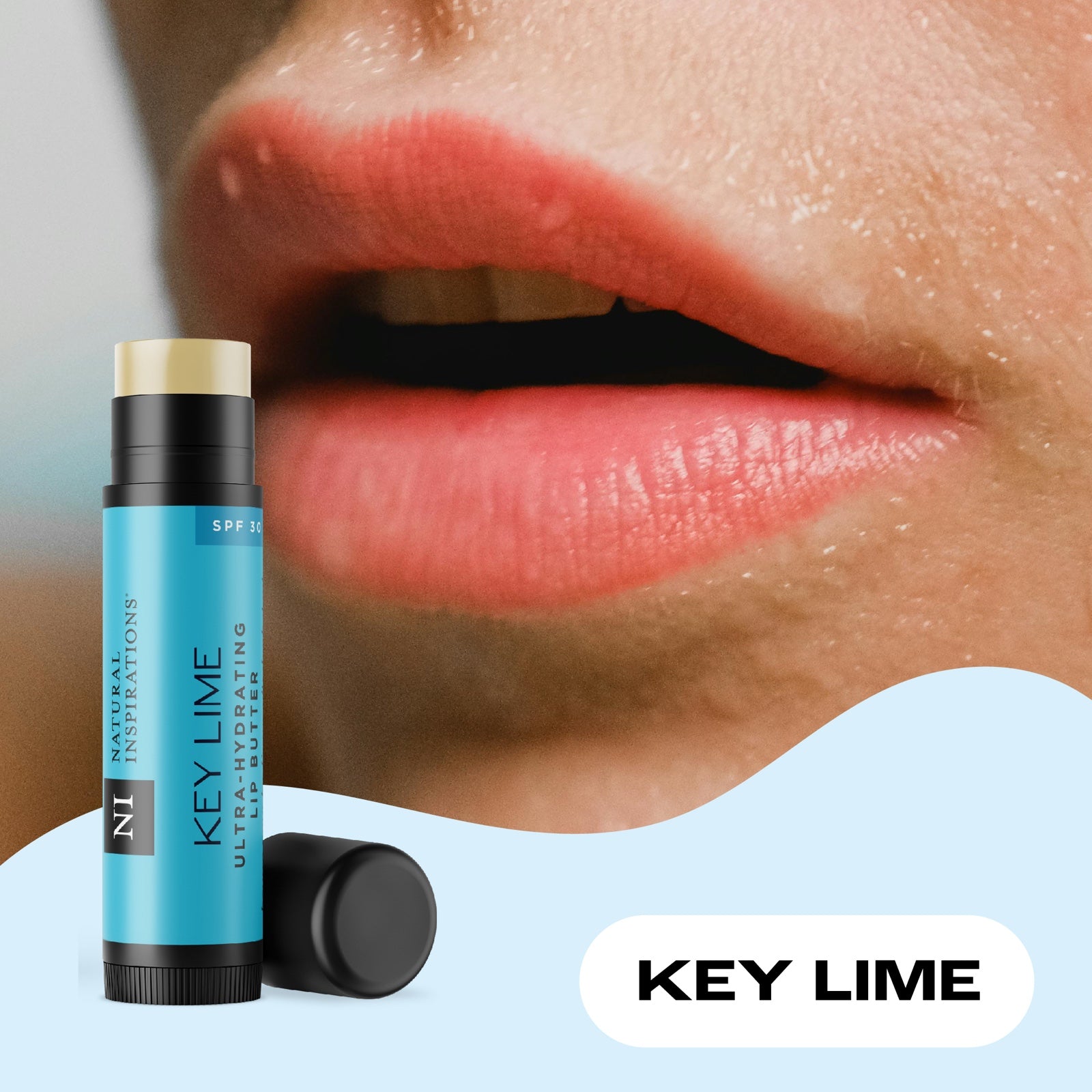 close up of woman's lips with key lime spf 30 lip butter