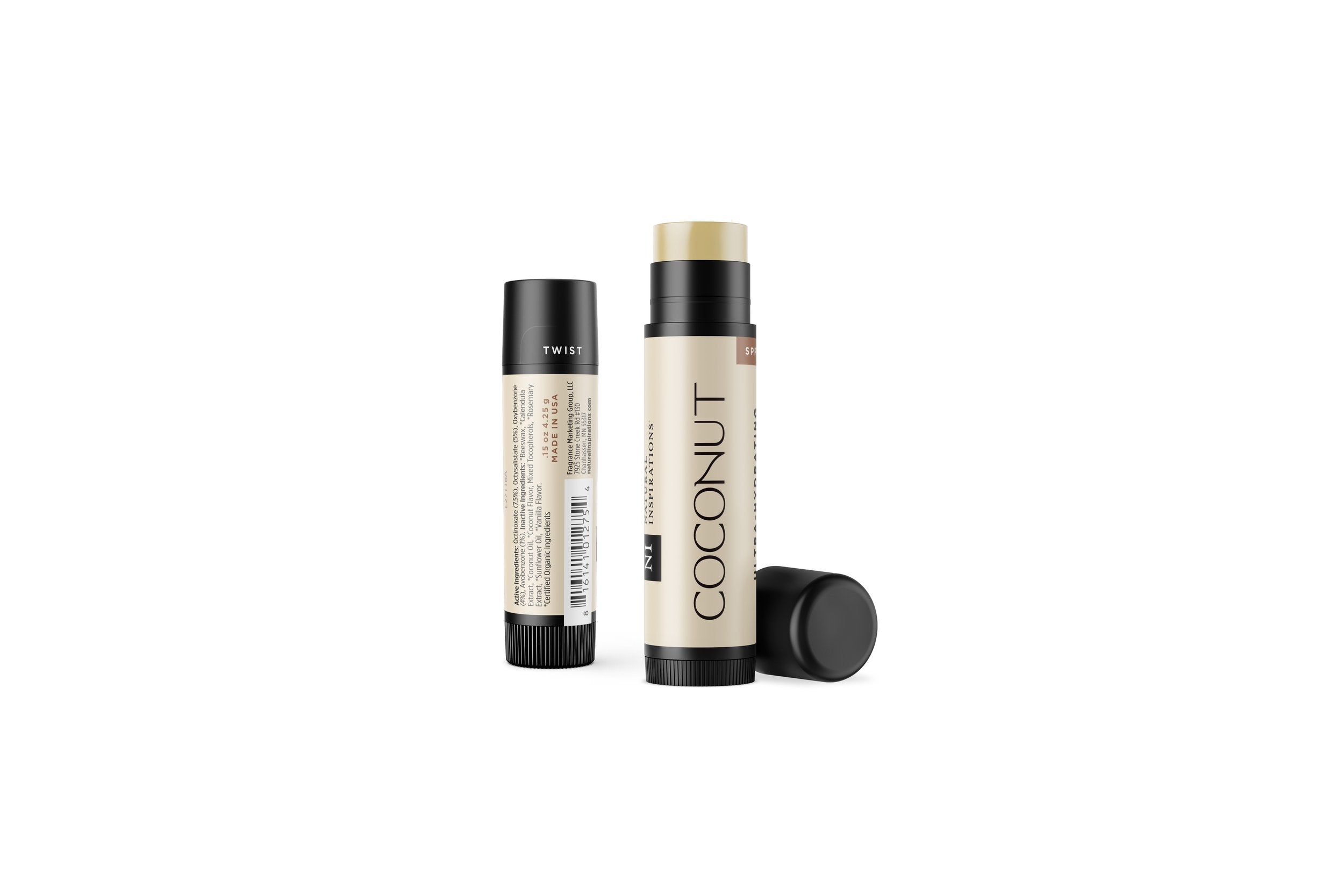 Natural Inspirations Coconut SPF 30 Lip Butter tube on a white background.