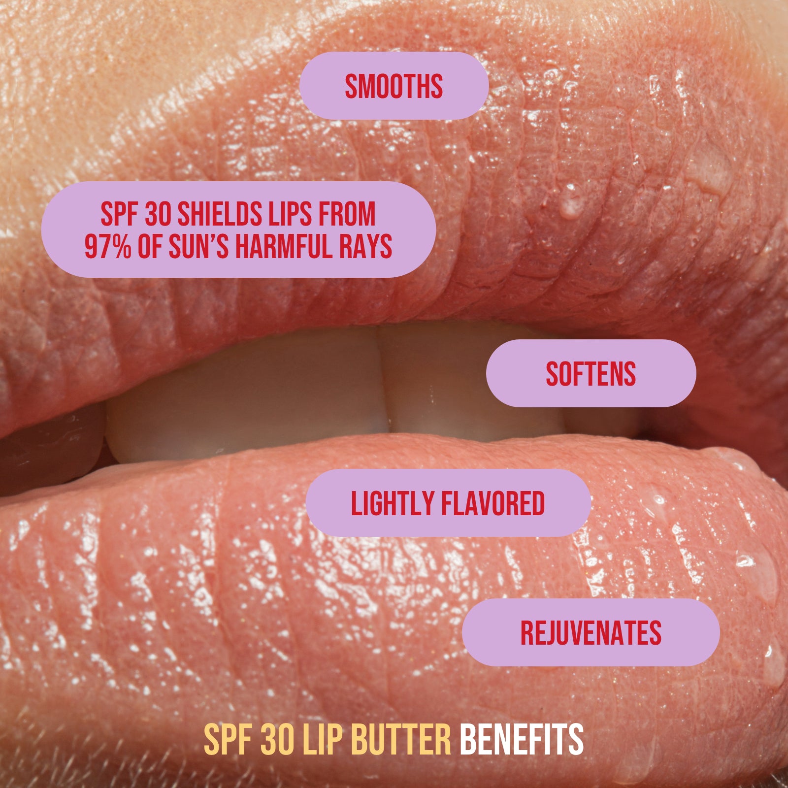 close up of woman's lips with listed benefits of spf 30 lip butter: smooths, spf 30 shields lips from 97% of sun's harmful rays, softens, lightly flavored, rejuvenates