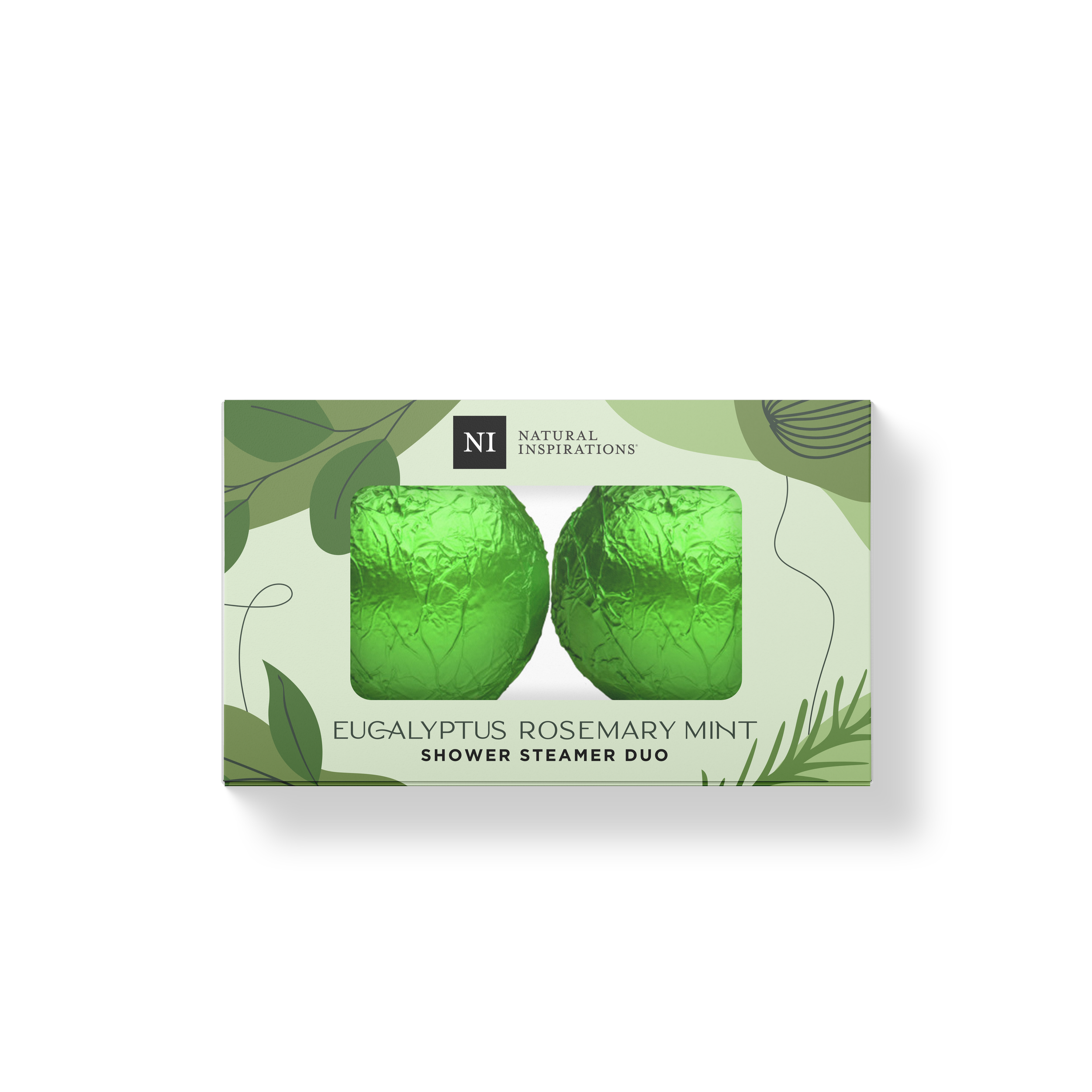 Natural Inspirations Eucalyptus Rosemary Mint Shower Steamer Duo Gift Set box on a white background.