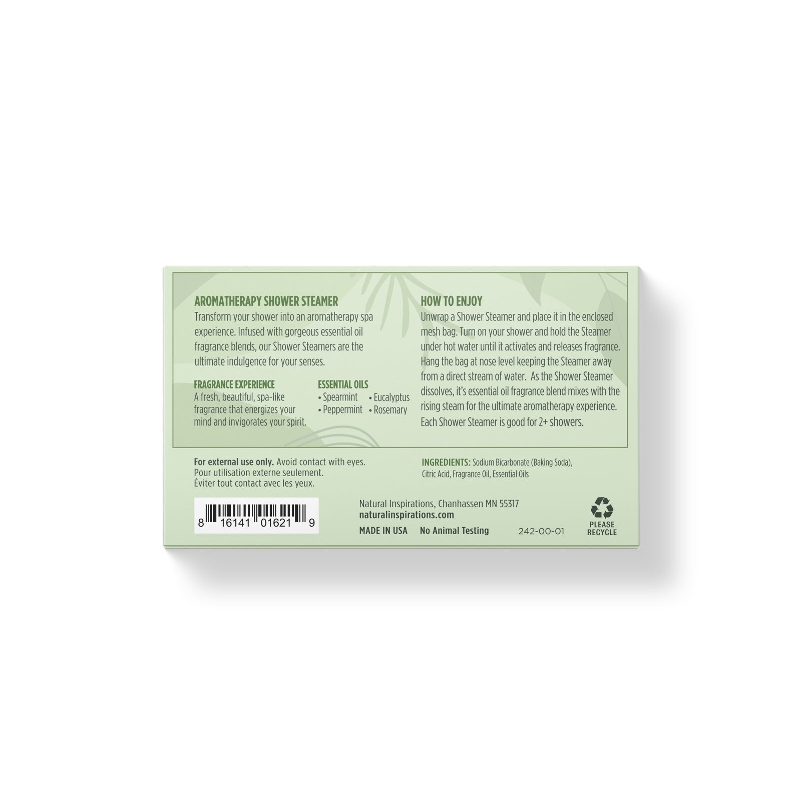 back of eucalyptus rosemary mint shower steamers packaging