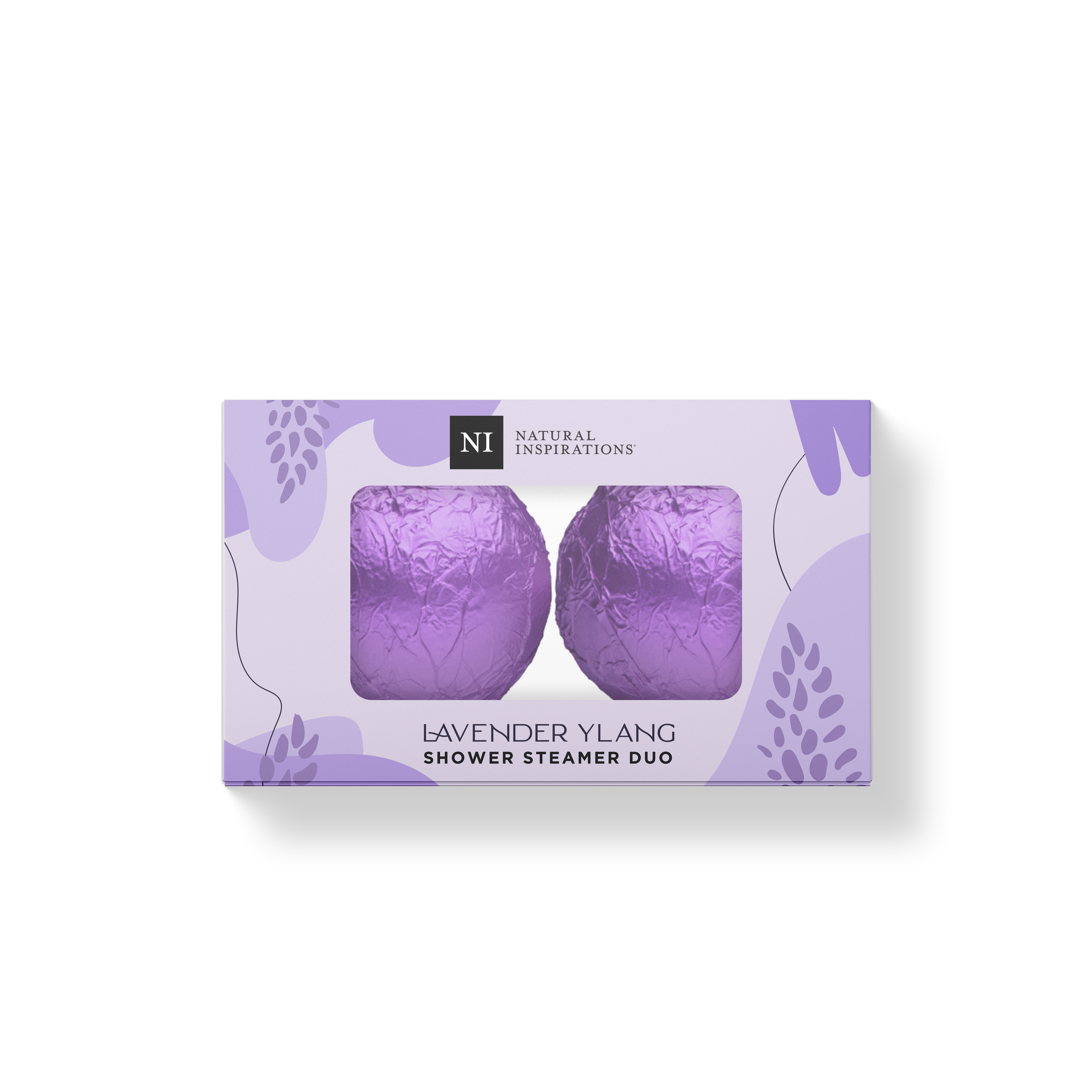 Natural Inspirations Lavender Ylang Shower Steamer Duo Gift Set box on a white background.