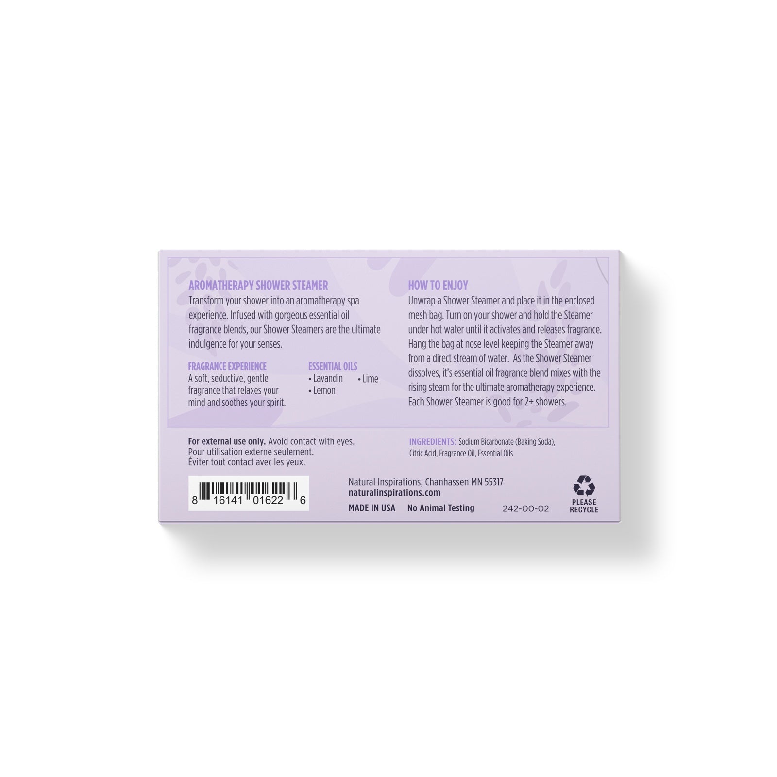 back of lavender ylang shower steamer packaging