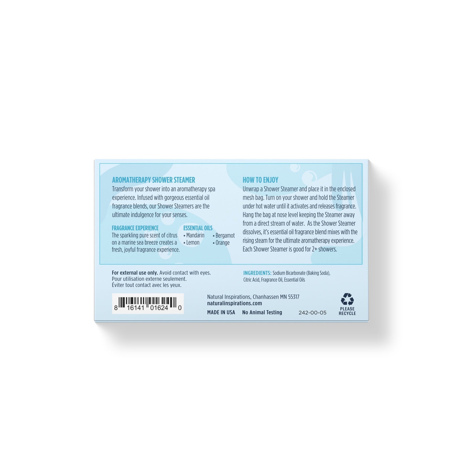 back of sea salt citrus shower steamers packaging