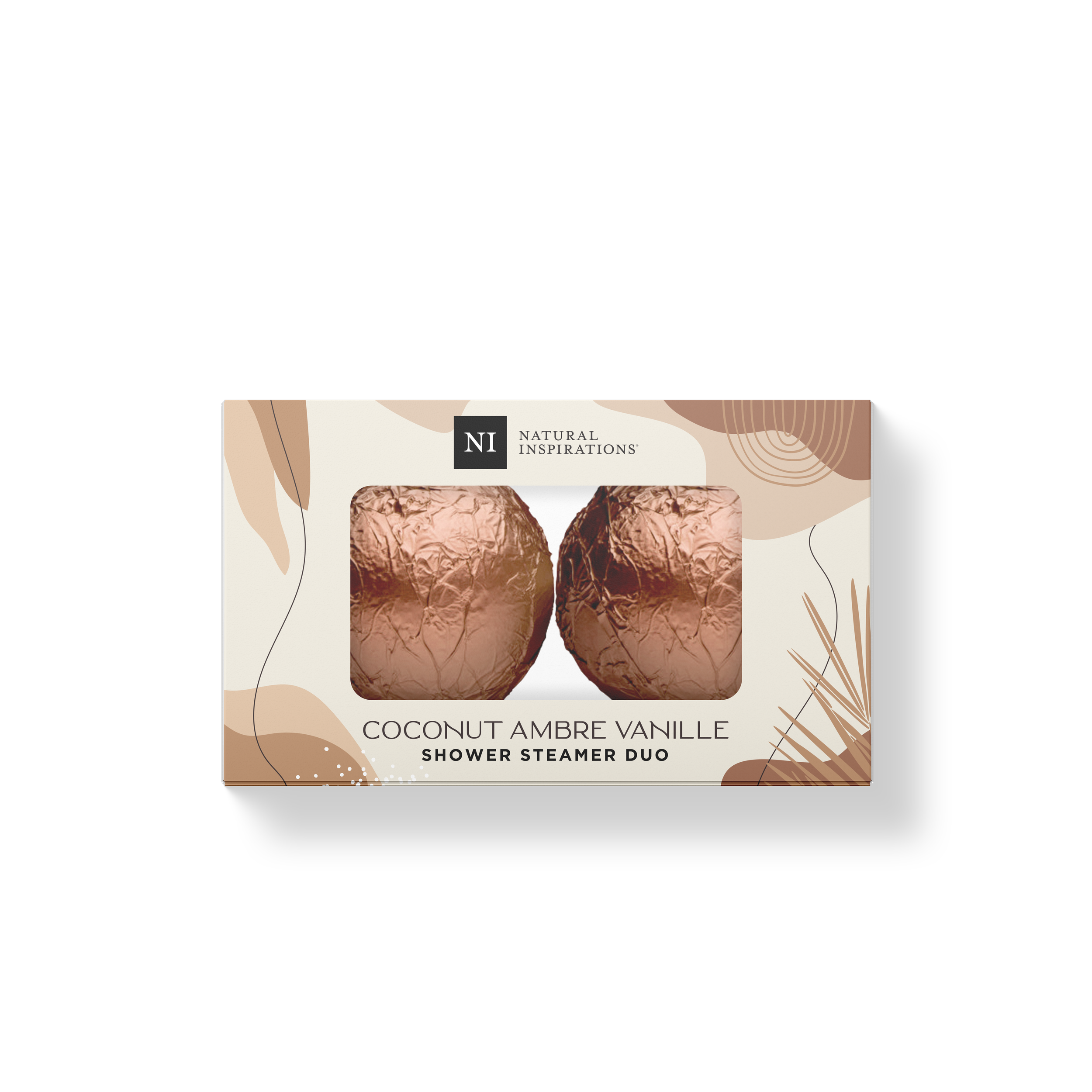 Natural Inspirations Coconut Ambre Vanille Shower Steamer Duo Gift Set box on a white background.
