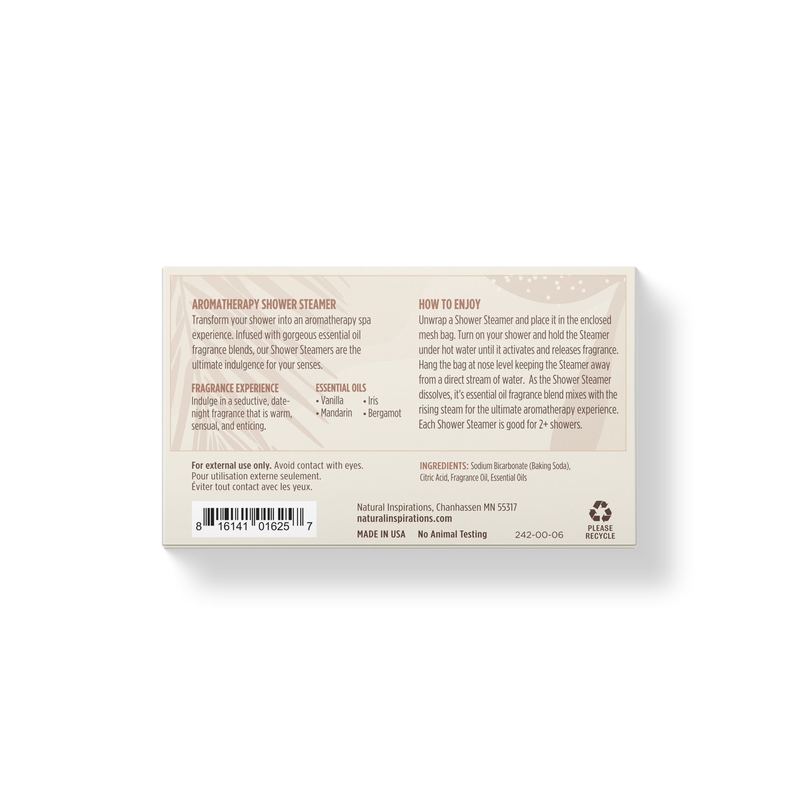back of coconut ambre vanille shower steamer duo packaging