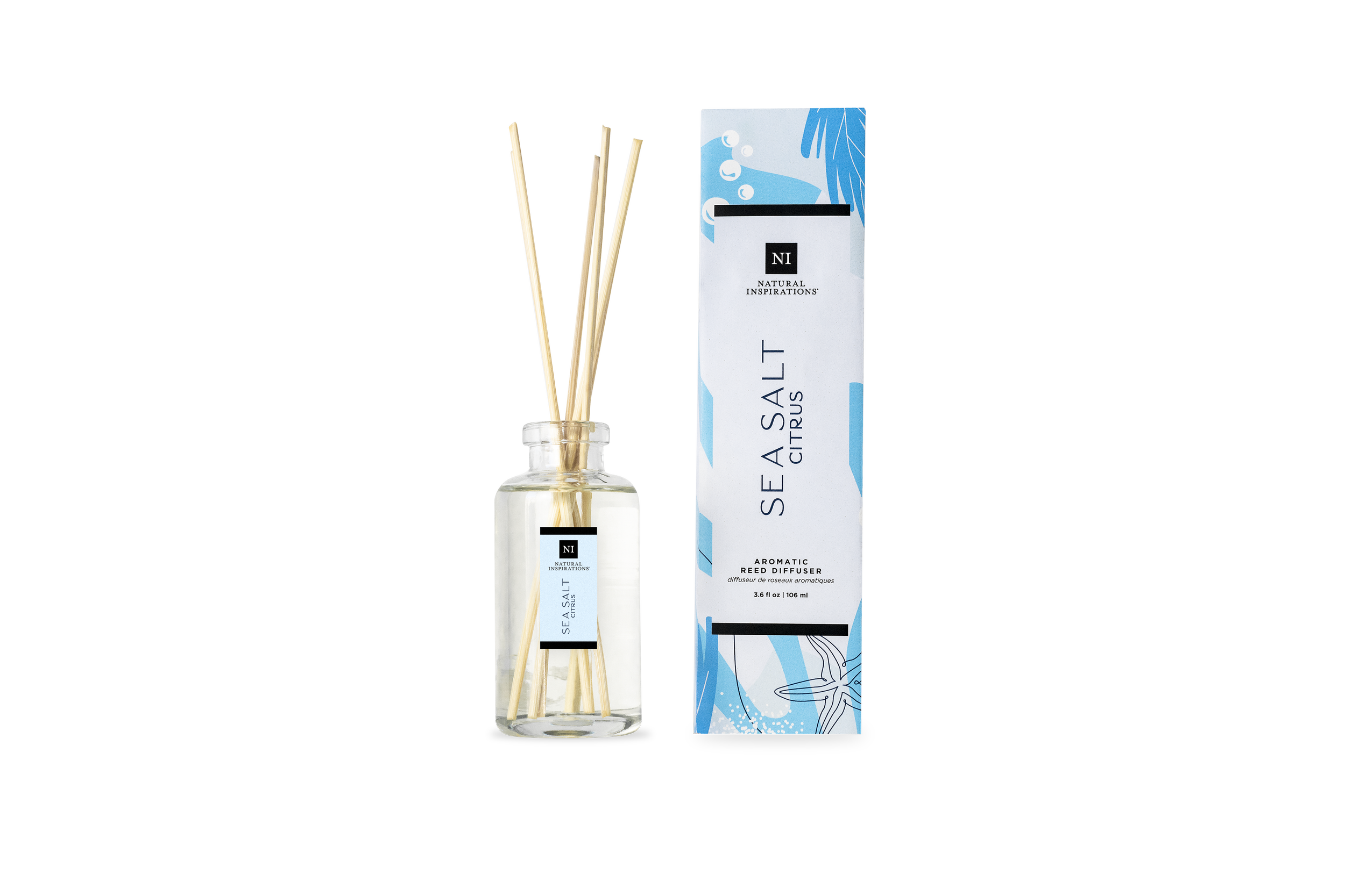 Natural Inspirations Sea Salt Citrus Aromatic Reed Diffuser displayed in a jar with a box on a white background.