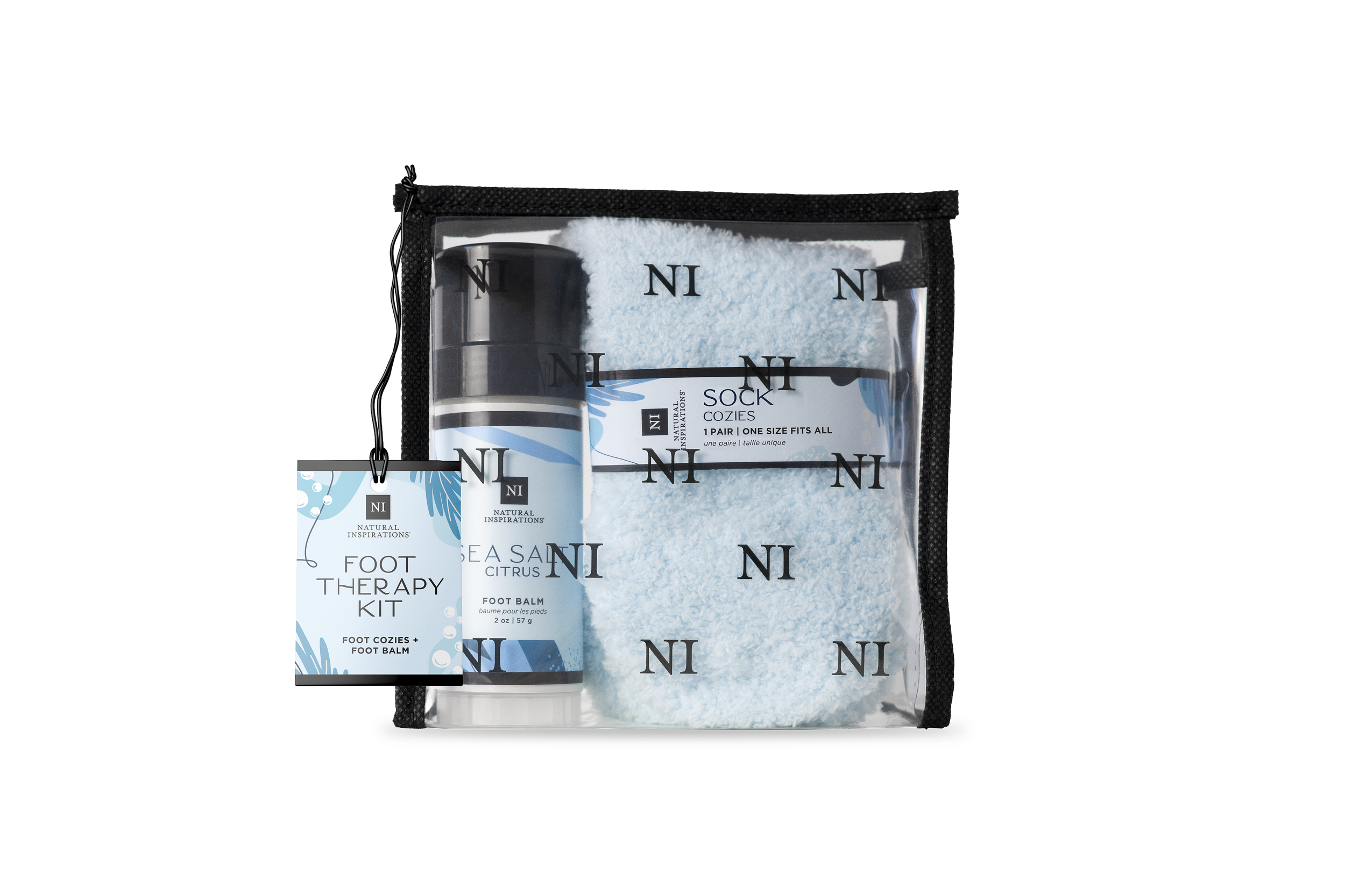 Natural Inspirations Sea Salt Citrus Foot Therapy Kit with socks and Foot Balm in a travel-sized bag on a white background.