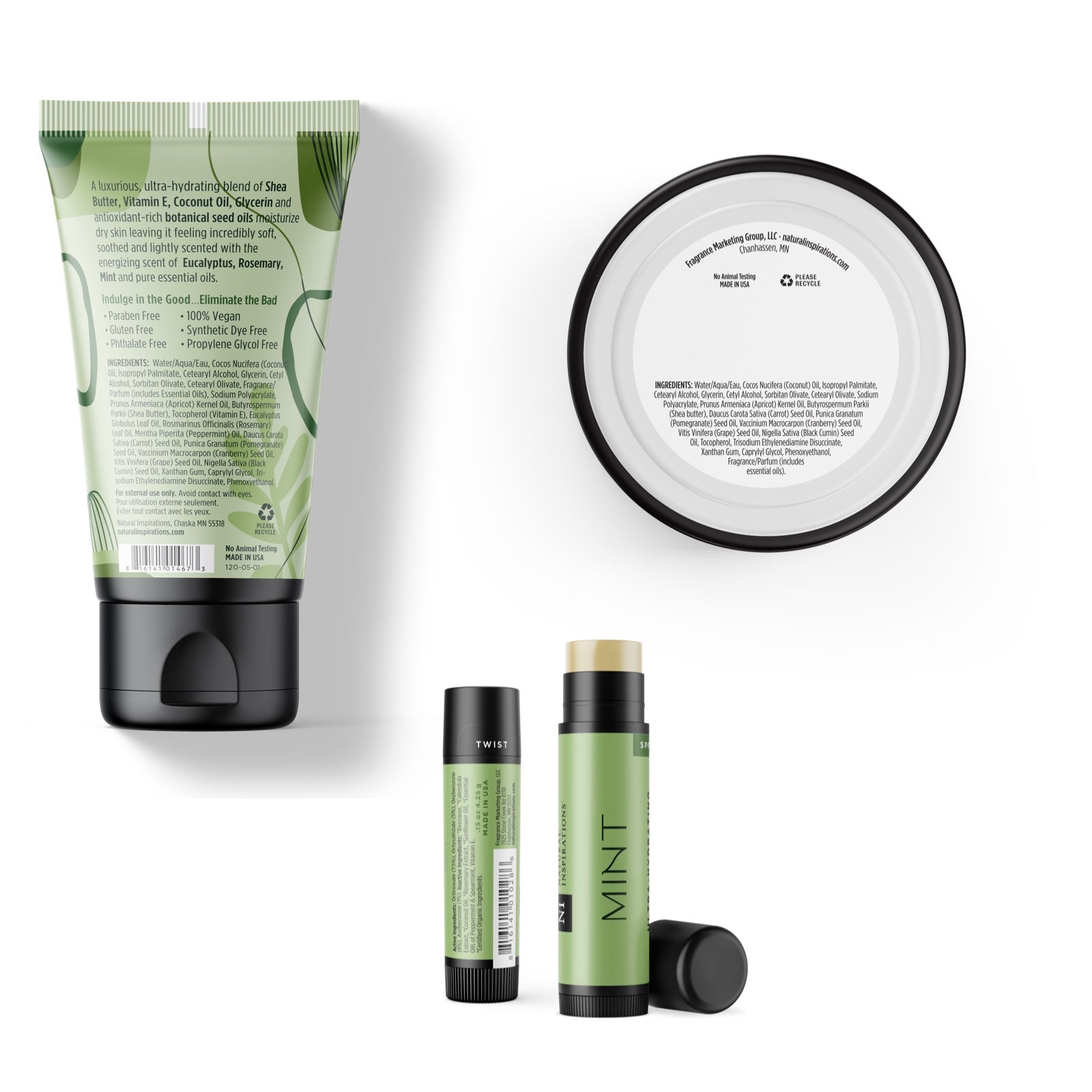 back of eucalyptus rosemary mint body care trio products