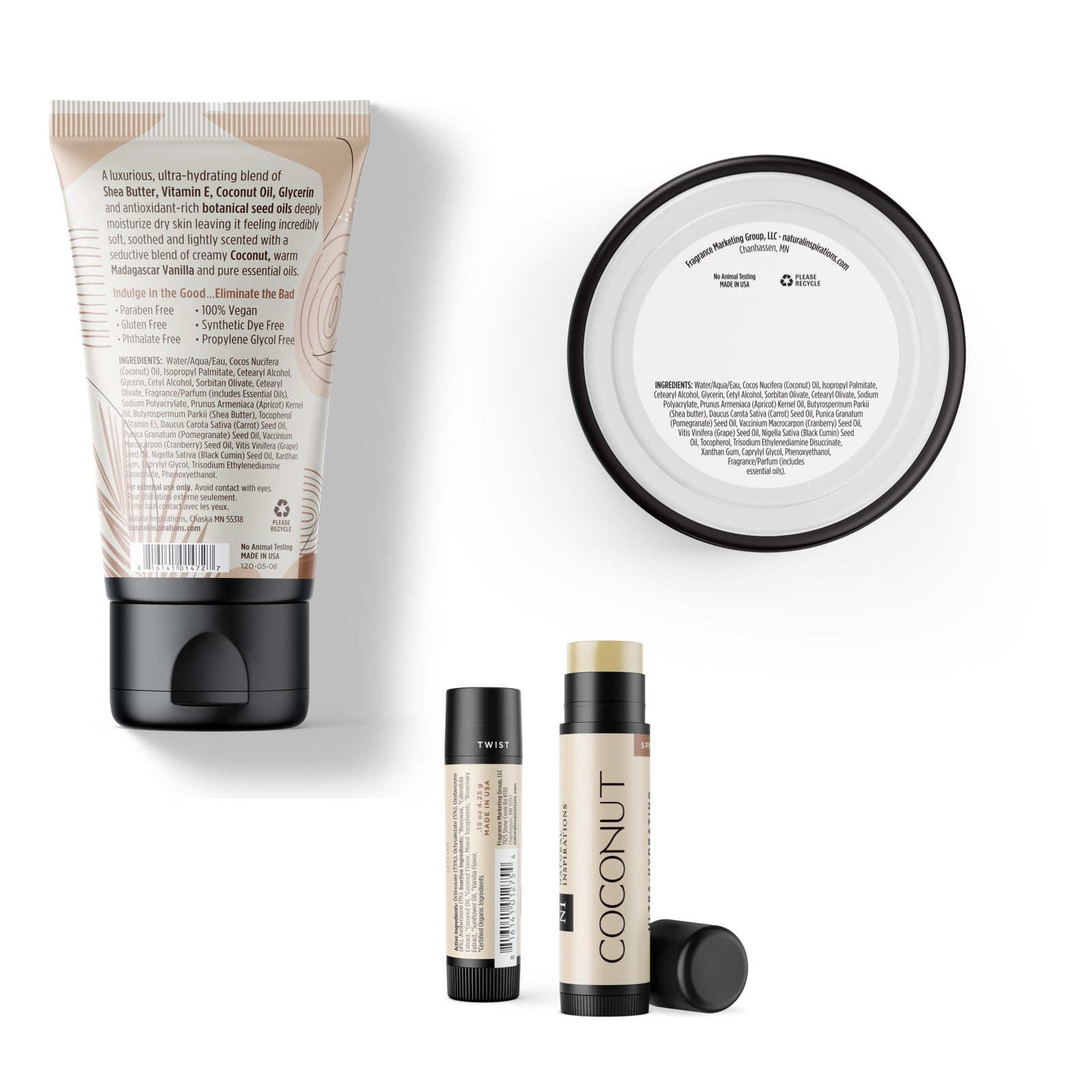 back of coconut ambre vanille body care trio products