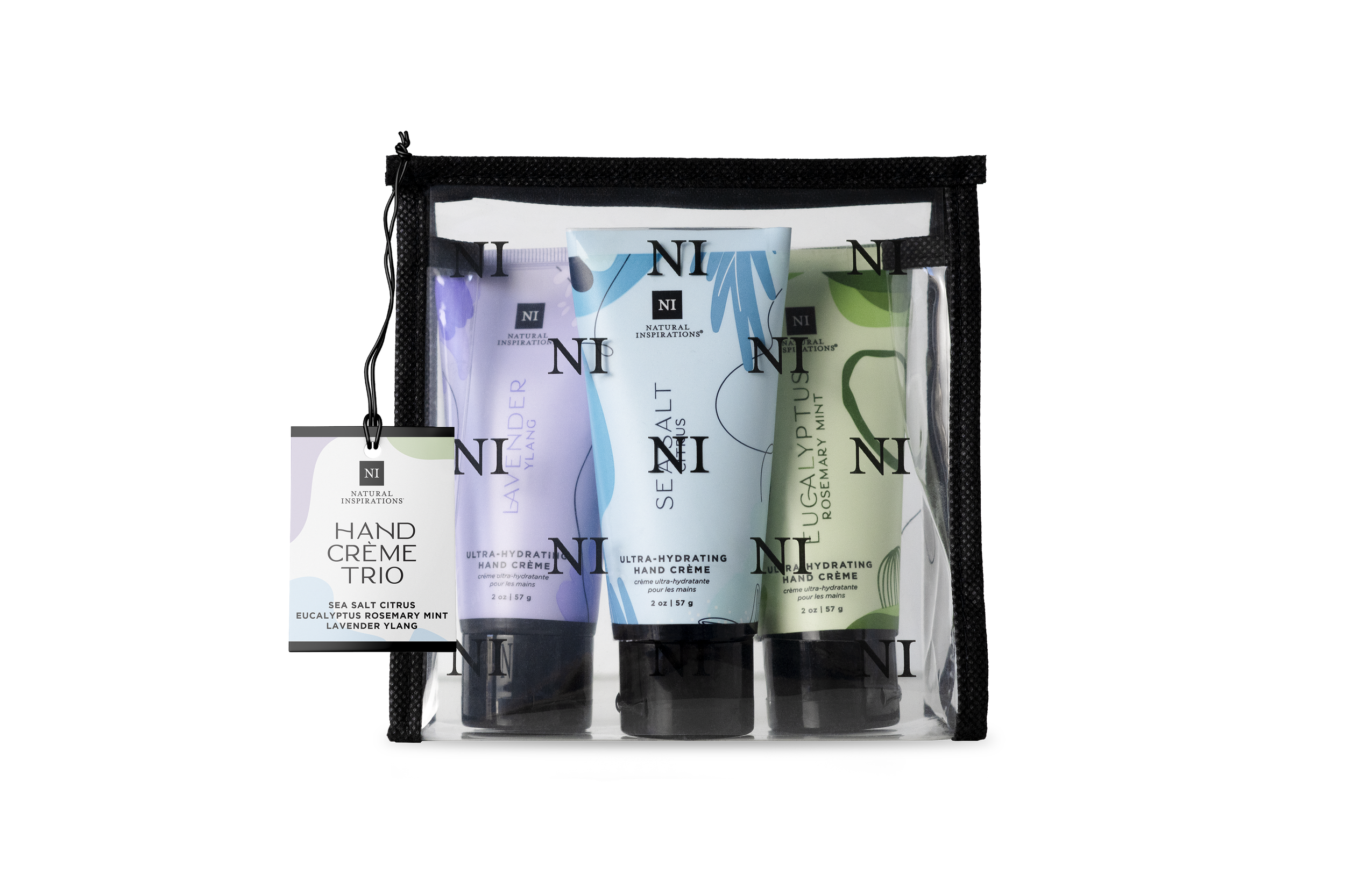 Natural Inspirations Mini Hand Cream Trio showing three Hand Creams in a travel-sized bag on a white background.