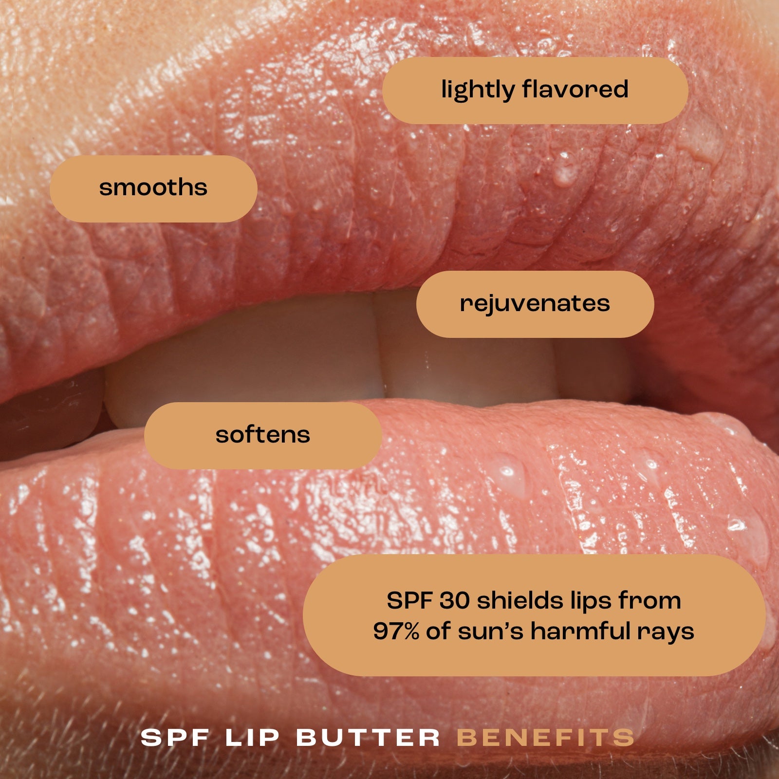 close up image of woman's lips with listed benefits of lip butter: lightly flavored, smooths, rejuvenates, softens, and SPF 30 shields lips from 97% of sun's harmful rays